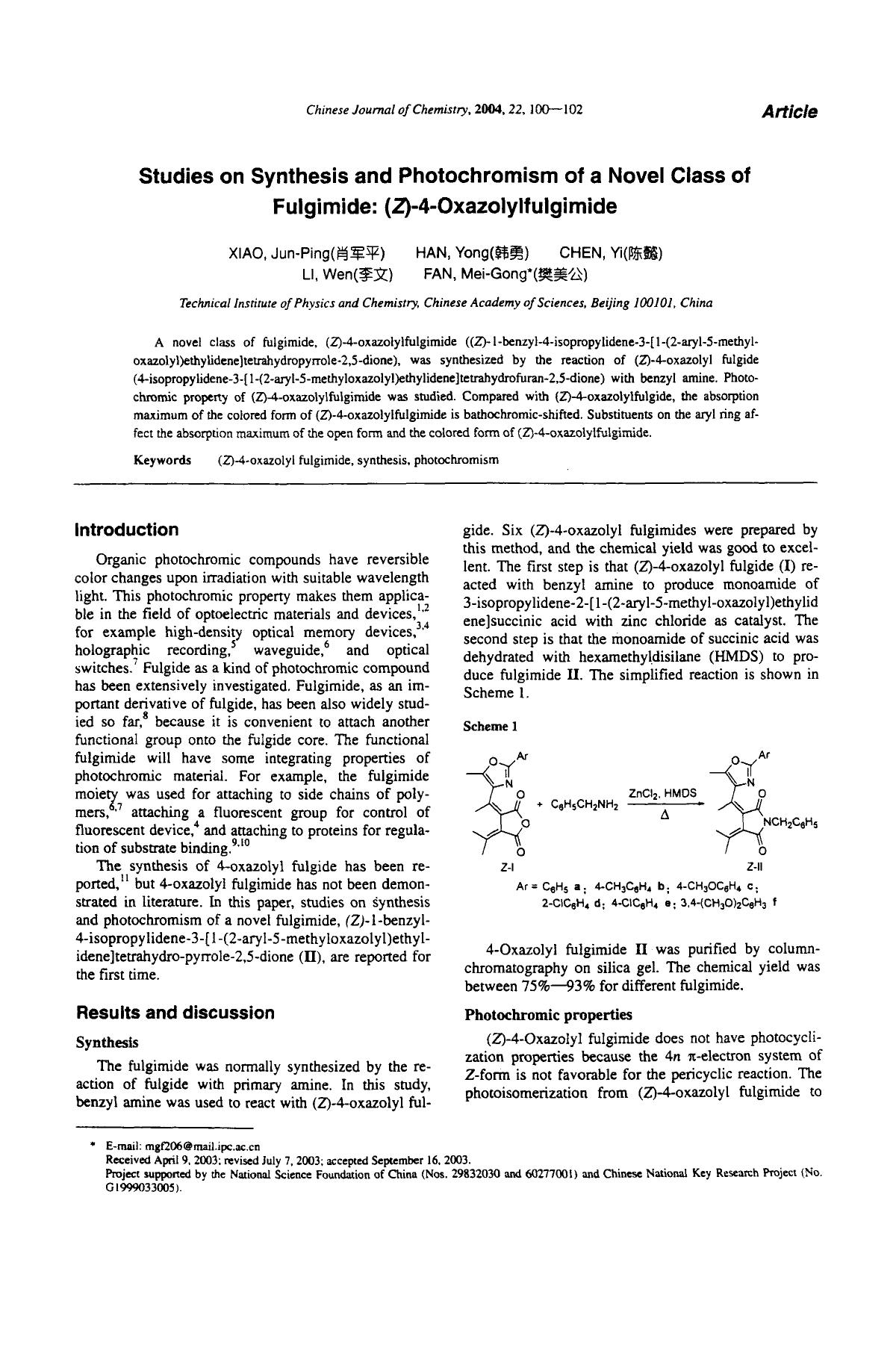 Studies on Synthesis and Photochromism of a Novel Class of Fulgimide: (Z)4Oxazolylfulgimide by Unknown
