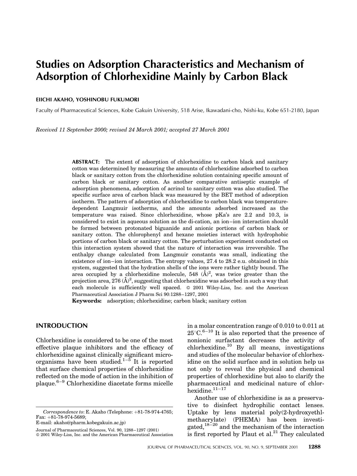Studies on adsorption characteristics and mechanism of adsorption of chlorhexidine mainly by carbon black by Unknown