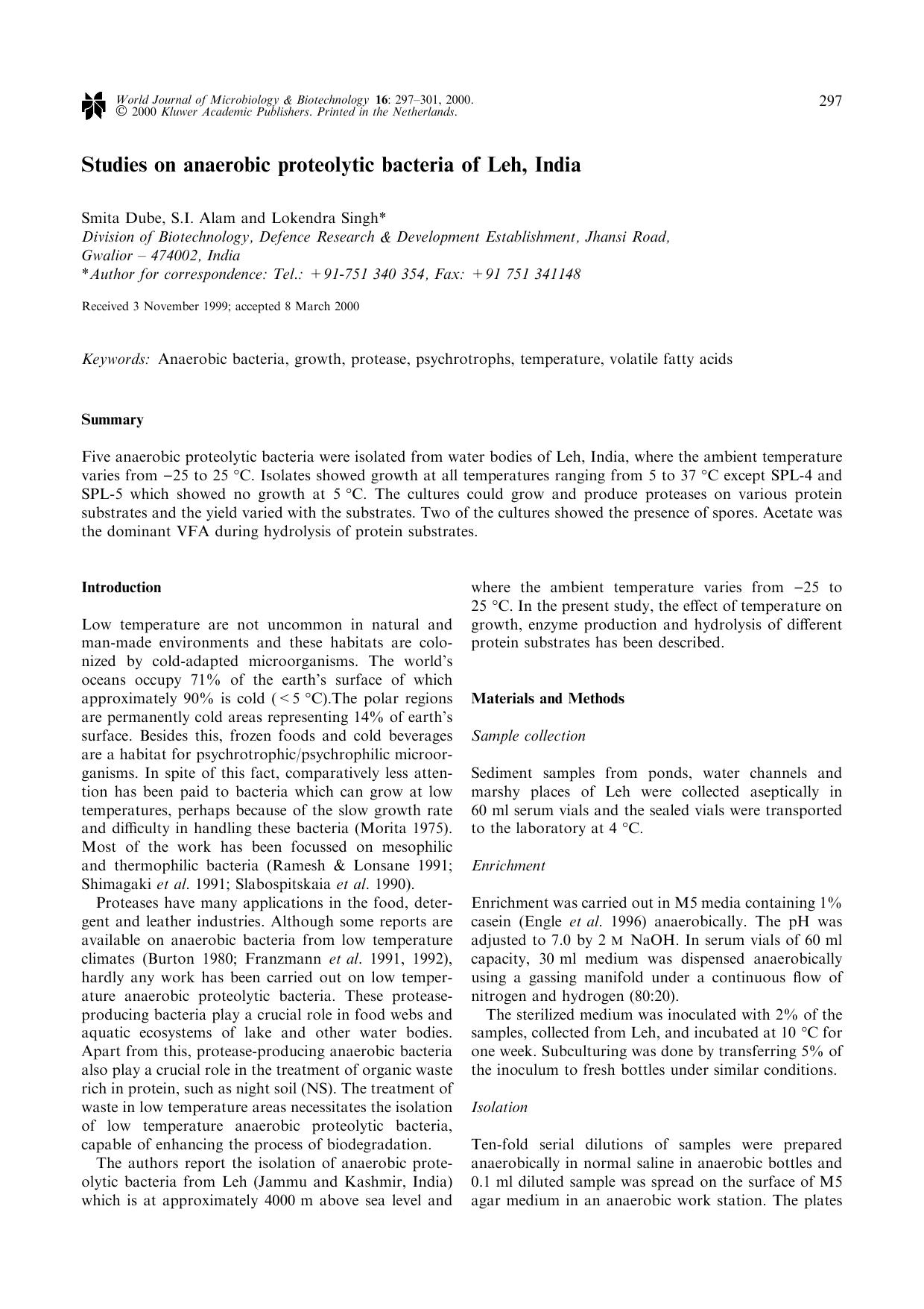 Studies on anaerobic proteolytic bacteria of Leh, India by Unknown