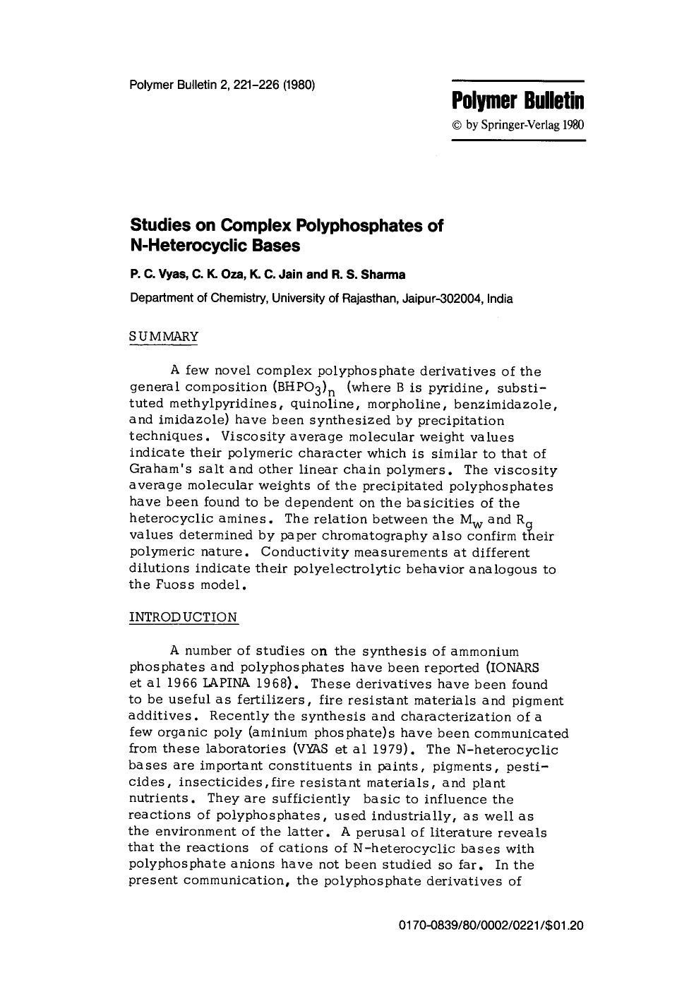 Studies on complex polyphosphates of N-heterocyclic bases by Unknown