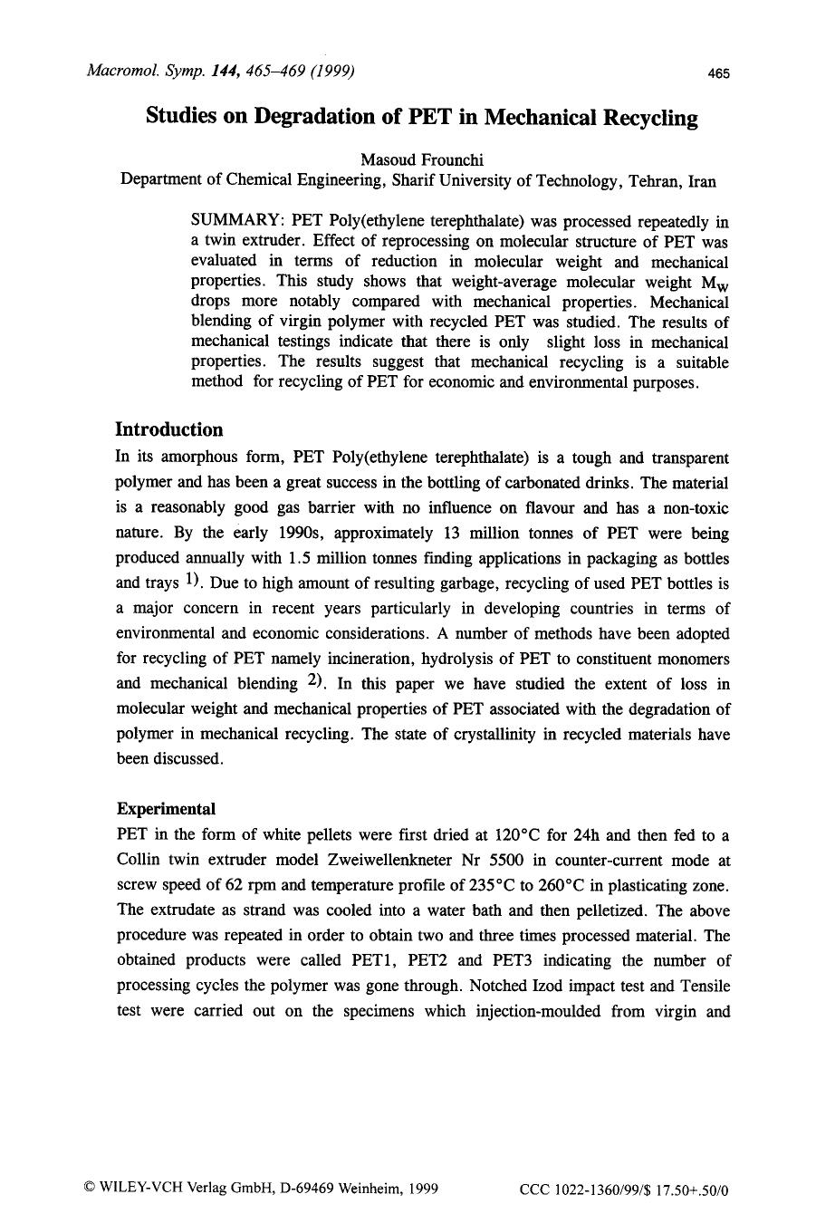 Studies on degradation of PET in mechanical recycling by Unknown