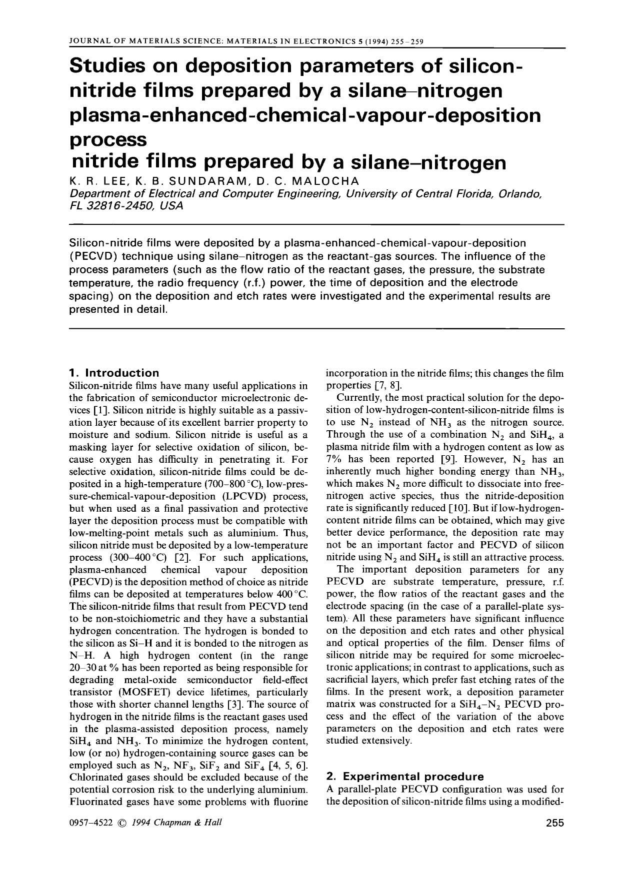 Studies on deposition parameters of silicon-nitride films prepared by a silane&#x2014;nitrogen plasma-enhanced-chemical-vapour-deposition process nitride films prepared by a silane&#x2014;nitrogen by Unknown