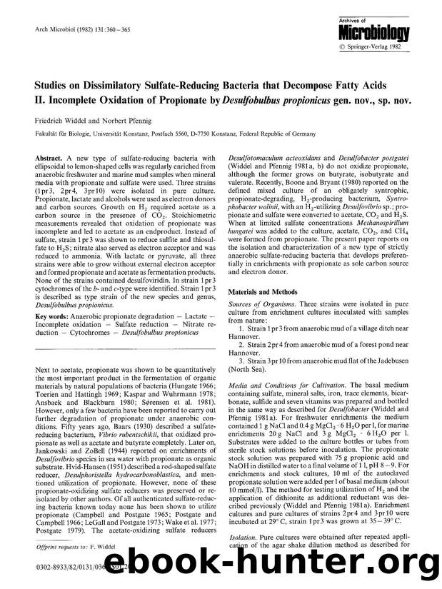 Studies on dissimilatory sulfate-reducing bacteria that decompose fatty acids II. Incomplete oxidation of propionate by <Emphasis Type="Italic">Desulfobulbus propionicus<Emphasis> gen. nov., sp. nov. by Unknown