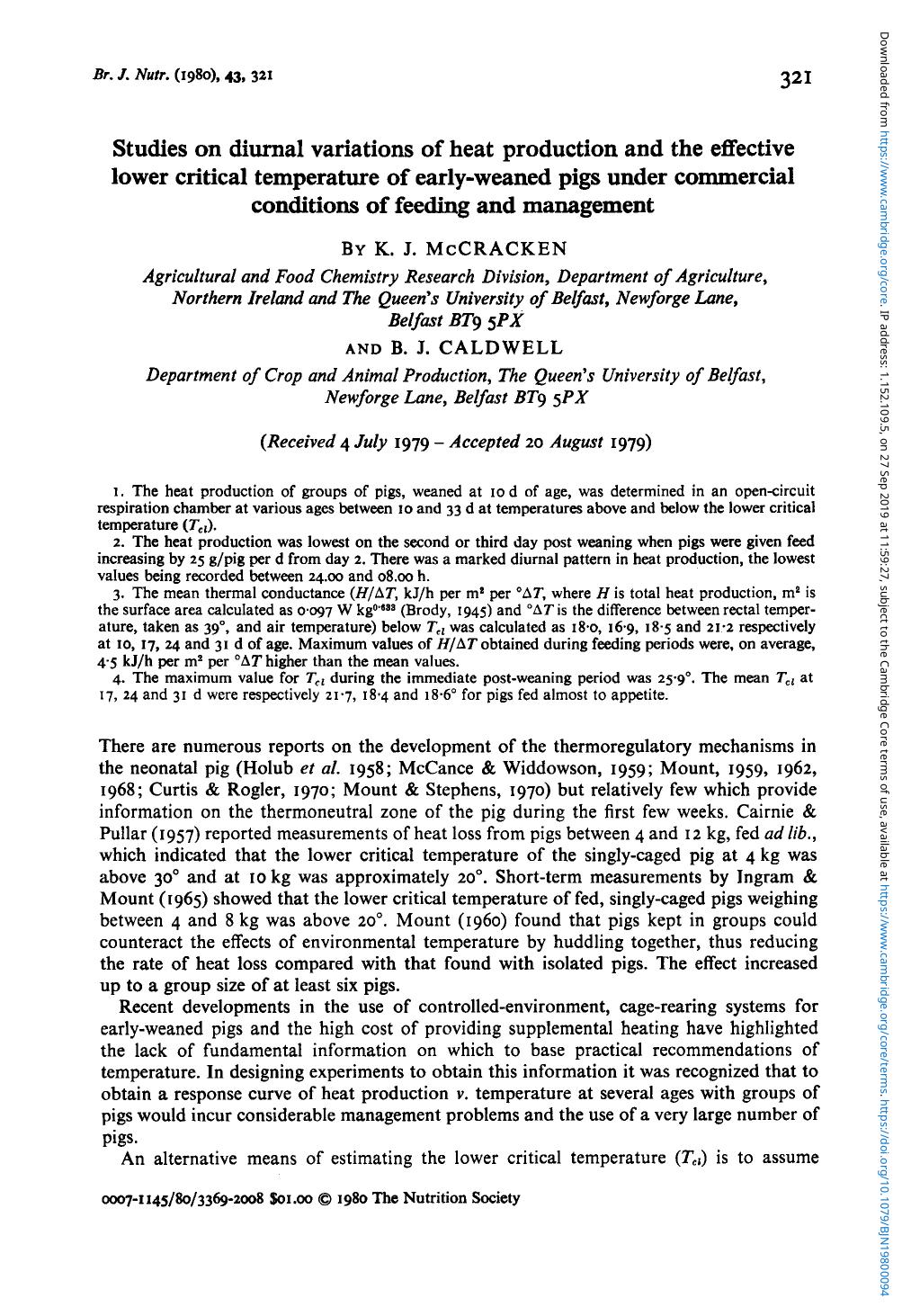 Studies on diurnal variations of heat production and the effective lower critical temperature of early-weaned pigs under commercial conditions of feeding and management by K. J. McCracken B. J. Caldwell