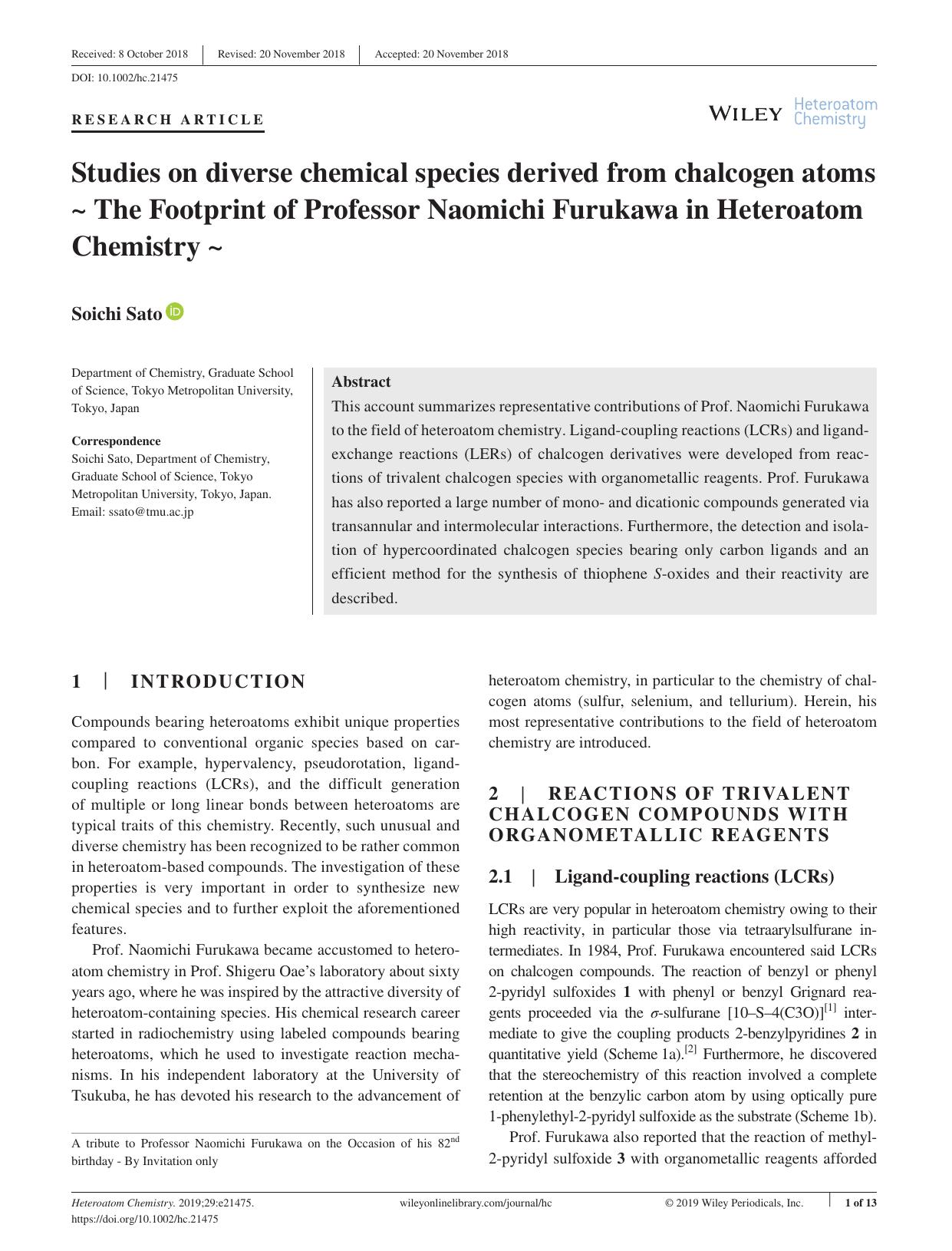 Studies on diverse chemical species derived from chalcogen atoms ~ The Footprint of Professor Naomichi Furukawa in Heteroatom Chemistry ~ by Unknown