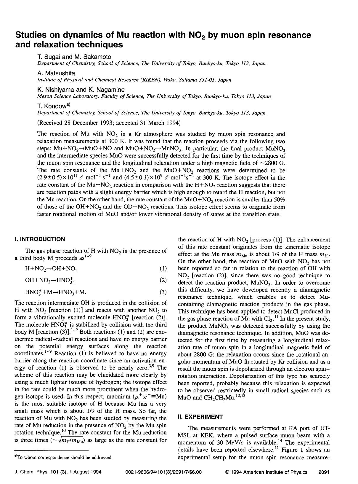 Studies on dynamics of Mu reaction with NO2 by muon spin resonance and relaxation techniques by T. Sugai; M. Sakamoto; A. Matsushita; K. Nishiyama; K. Nagamine; T. Kondow