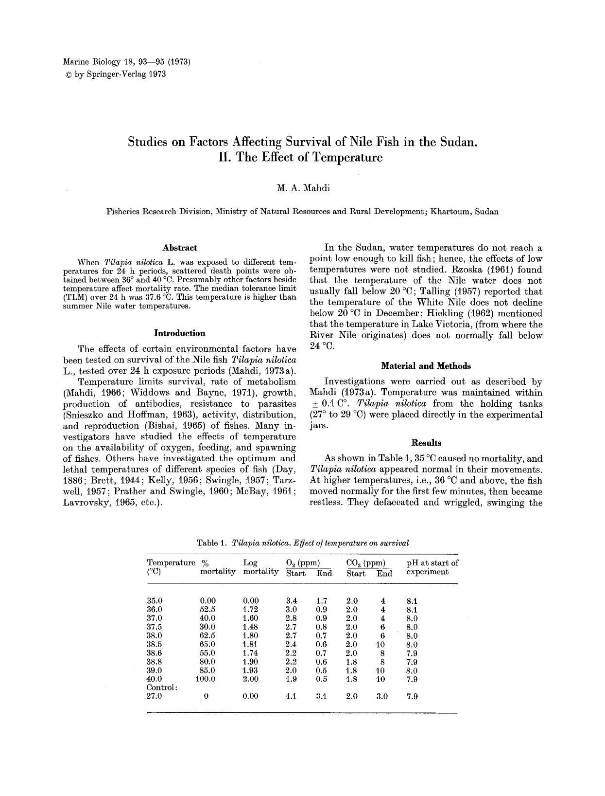 Studies on factors affecting survival of Nile fish in the Sudan. II. The effect of temperature by Unknown