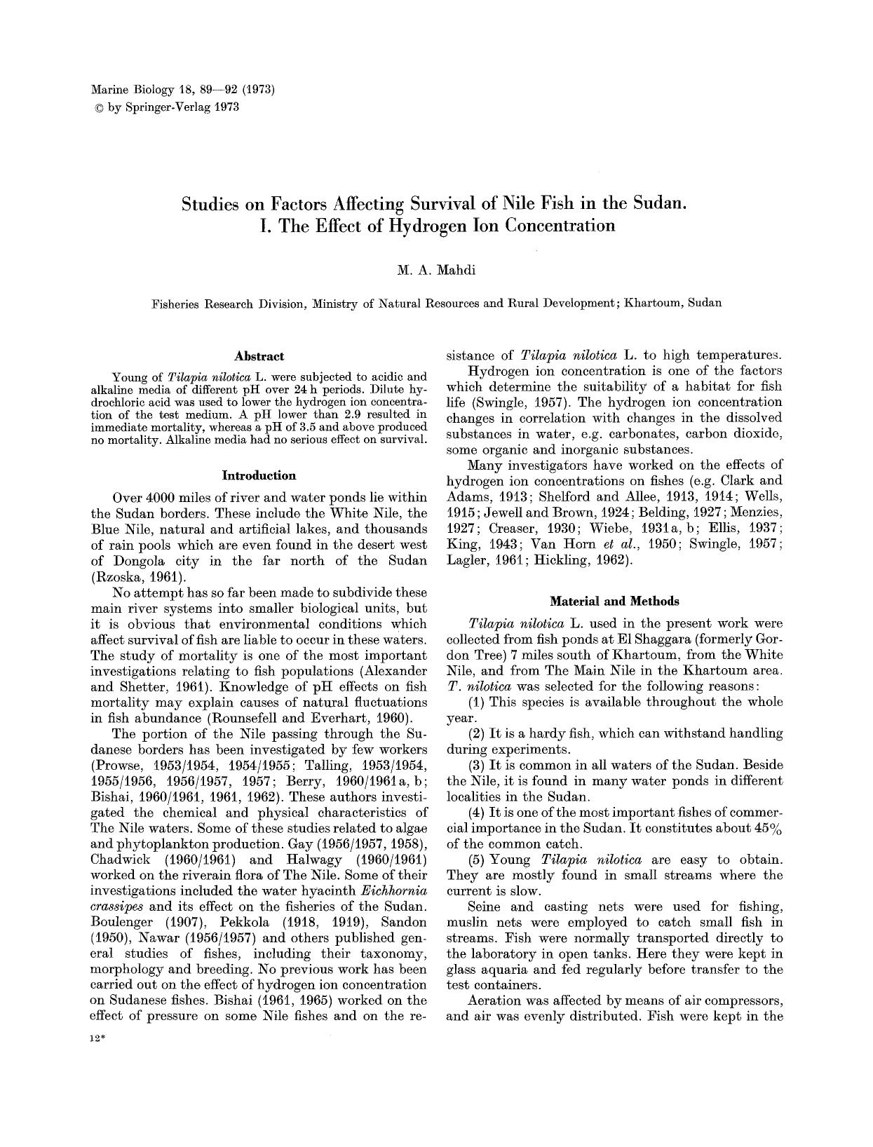 Studies on factors affecting survival of nile fish in the Sudan. I. The effect of hydrogen ion concentration by Unknown