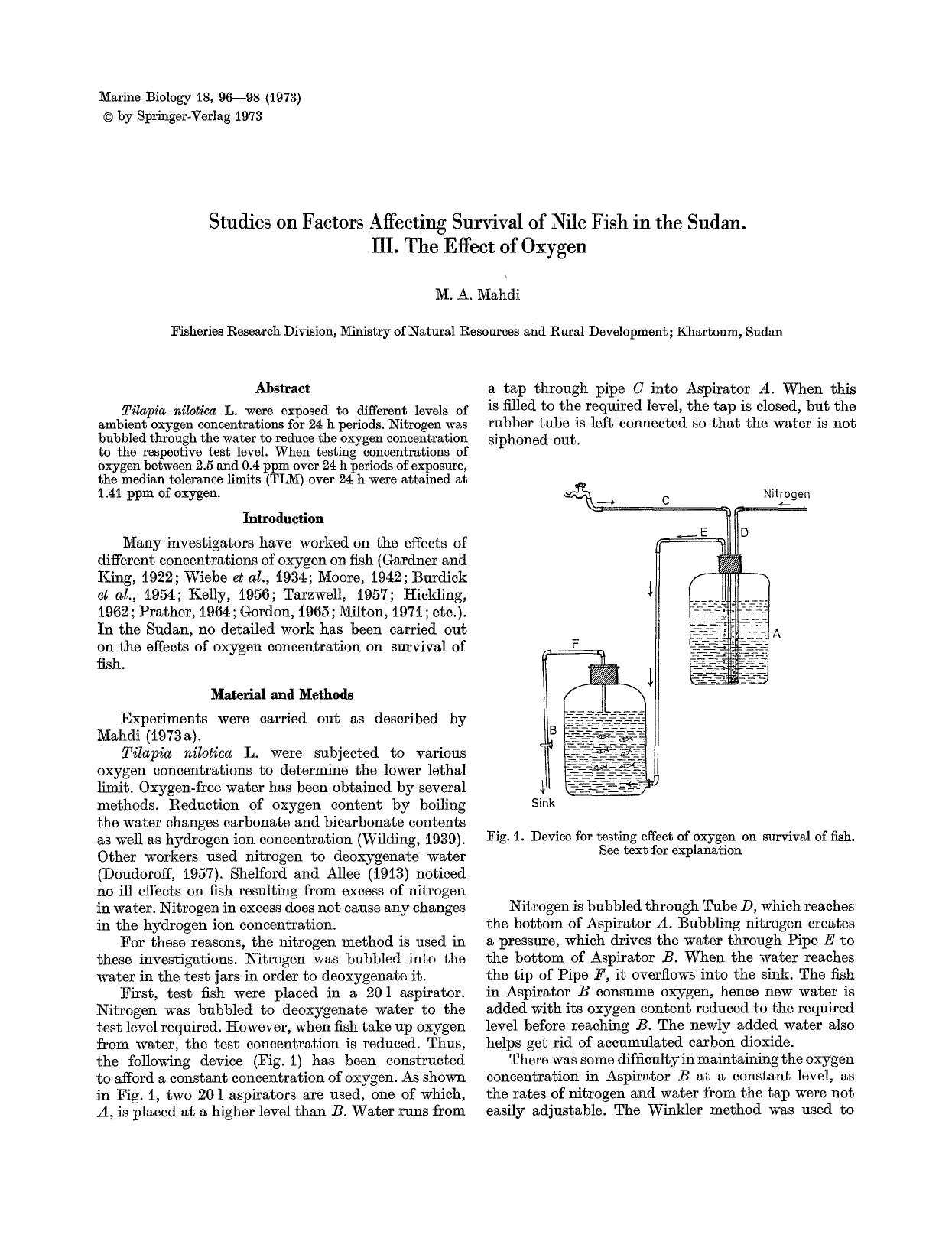 Studies on factors affecting survival of nile fish in the Sudan. III. The effect of oxygen by Unknown