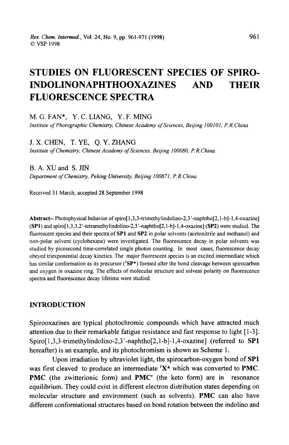 Studies on fluorescent species of spiro-indolinonaphthooxazines and their fluorescence spectra by Unknown