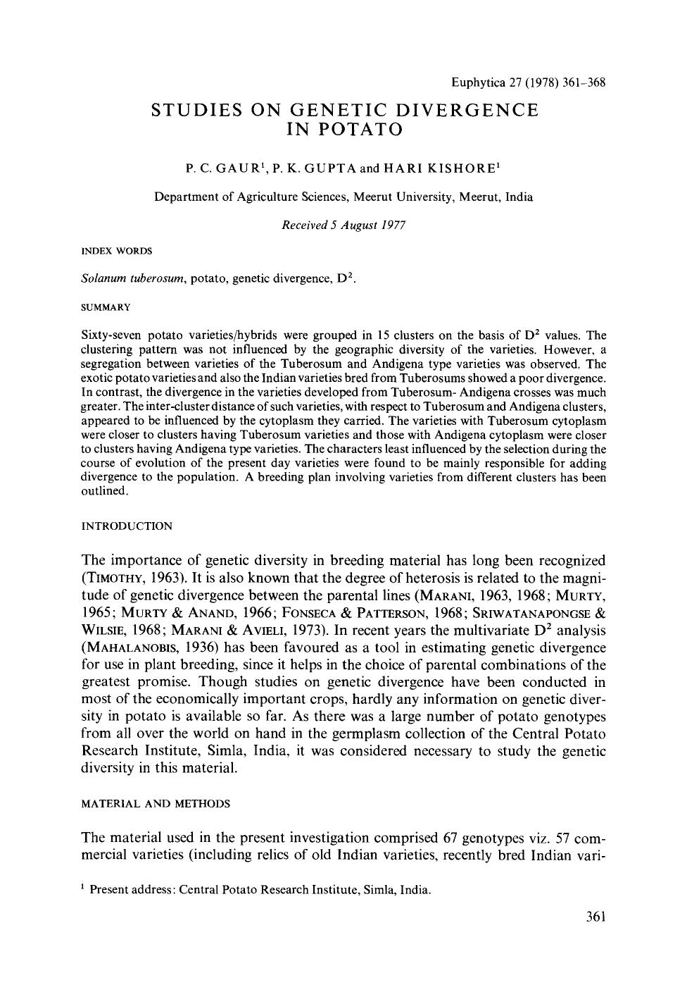 Studies on genetic divergence in potato by Unknown
