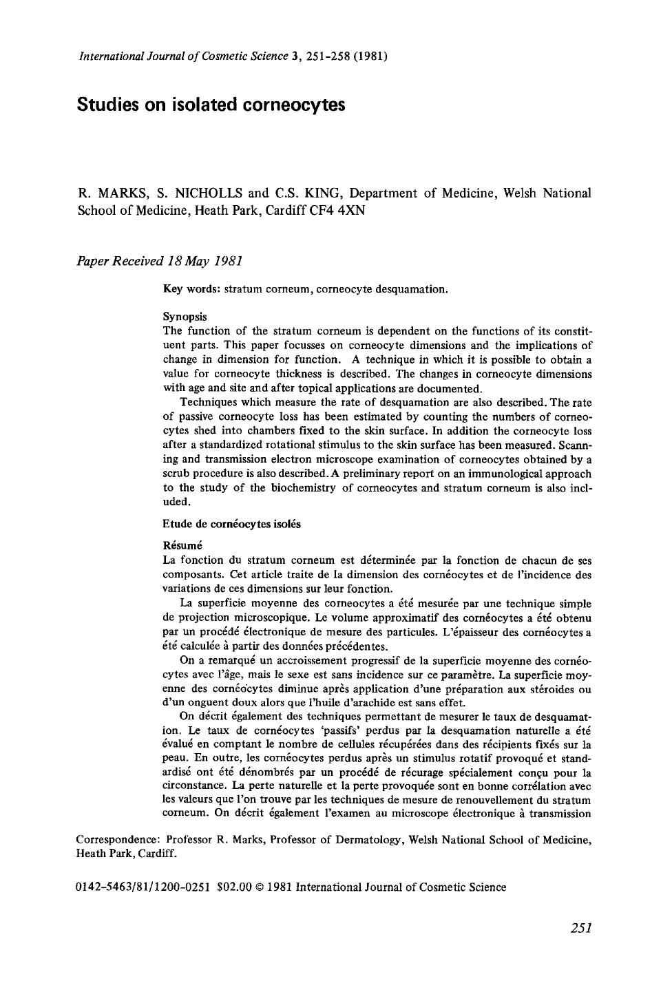 Studies on isolated corneocytes by Unknown