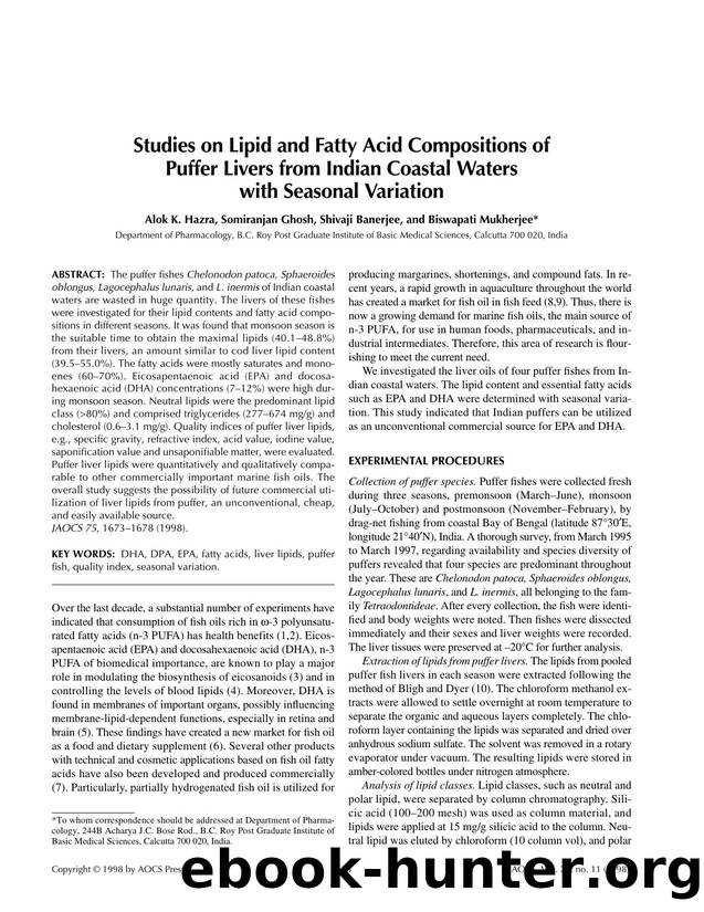 Studies on lipid and fatty acid compositions of puffer livers from Indian coastal waters with seasonal variation by Unknown