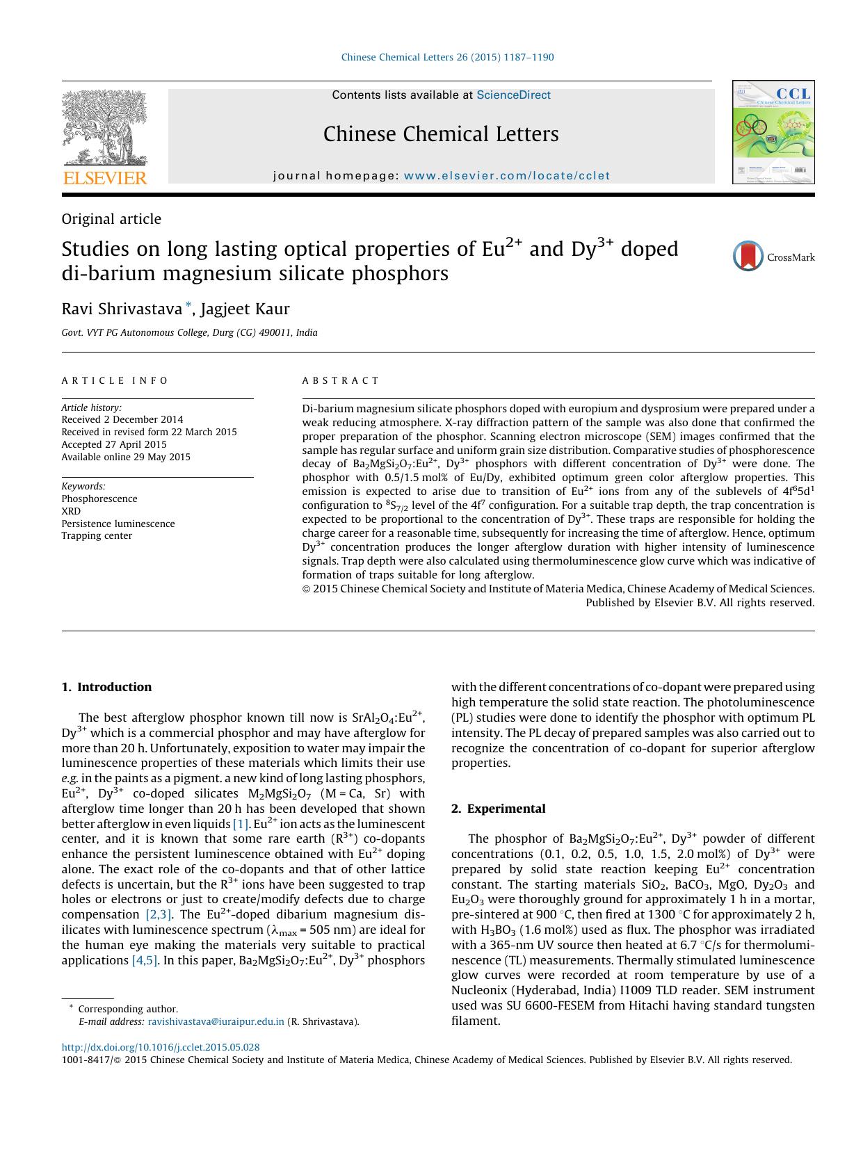 Studies on long lasting optical properties of Eu2+ and Dy3+ doped di-barium magnesium silicate phosphors by Ravi Shrivastava & Jagjeet Kaur