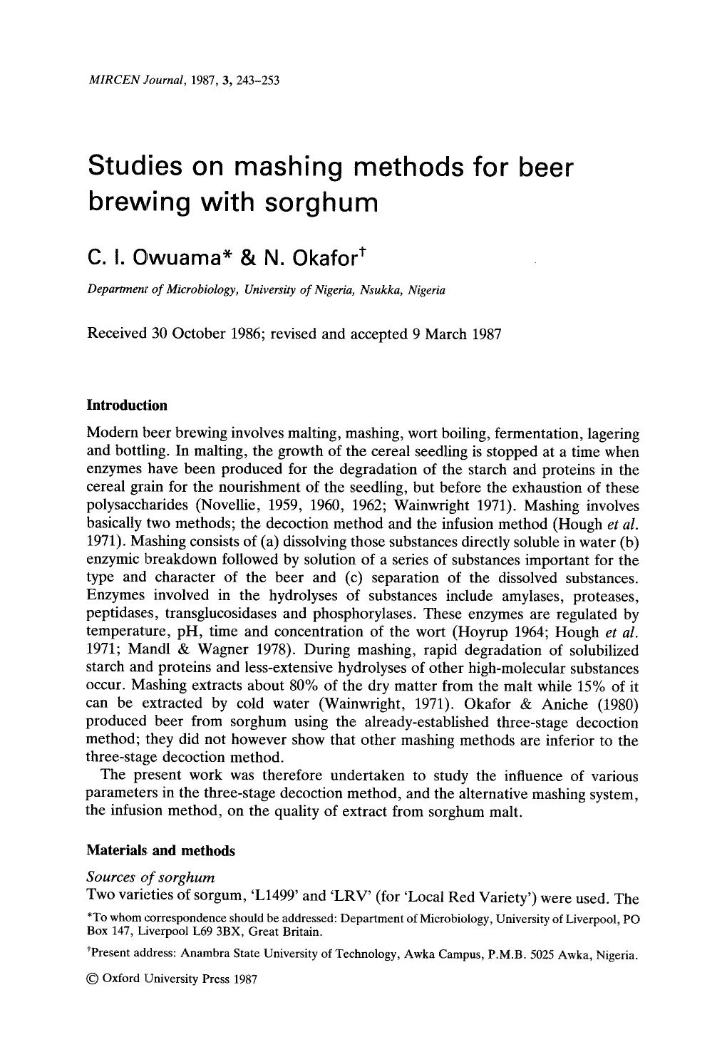 Studies on mashing methods for beer brewing with sorghum by Unknown