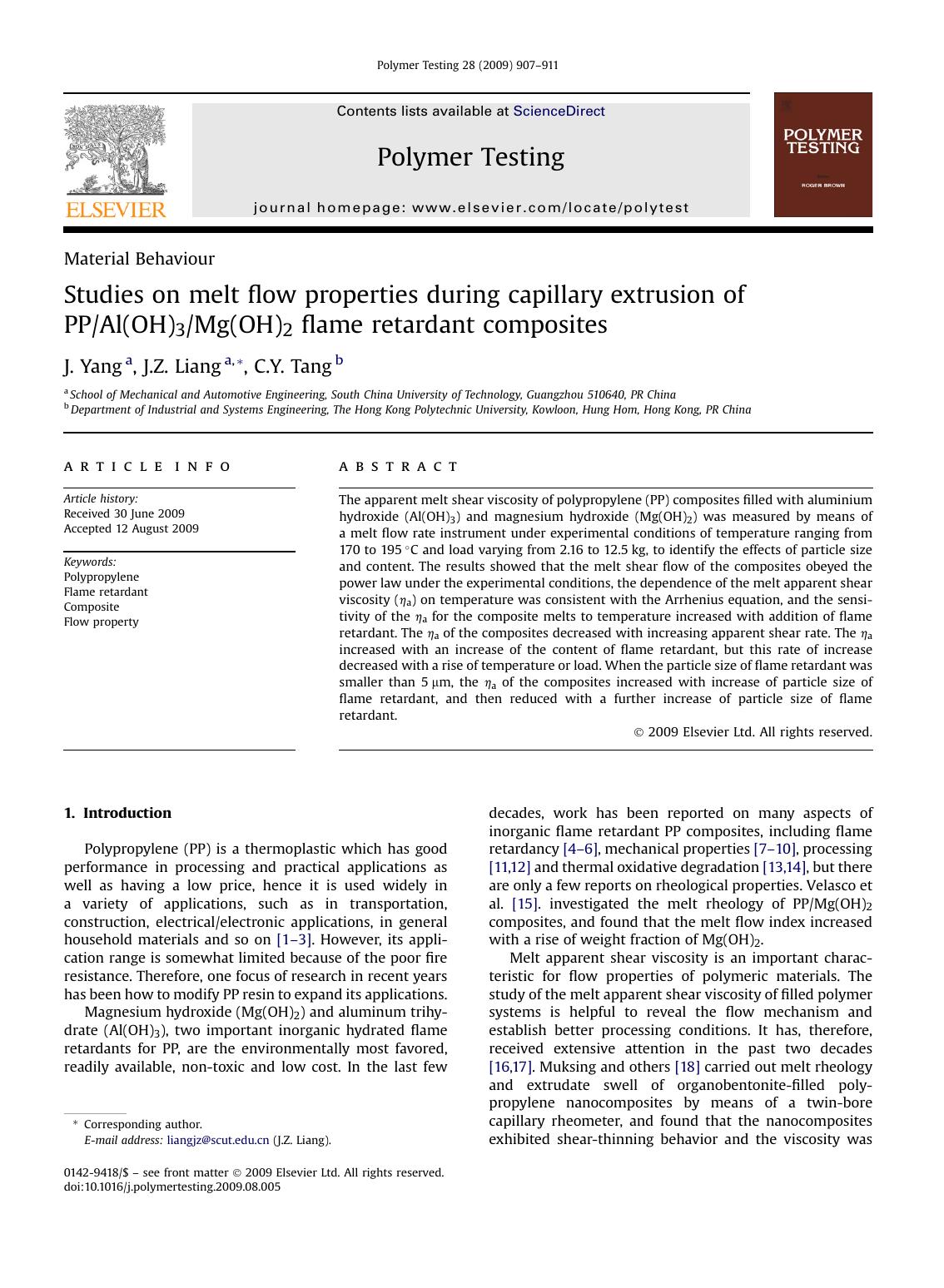 Studies on melt flow properties during capillary extrusion of PPAl(OH)3Mg(OH)2 flame retardant composites by J. Yang; J.Z. Liang; C.Y. Tang