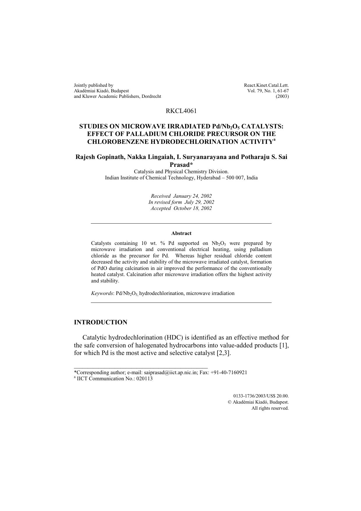 Studies on microwave irradiated PdNb<Subscript>2<Subscript>O<Subscript>5<Subscript> catalysts: Effect of palladium chloride precursor on the chlorobenzene hydrodechlorination activ by Unknown