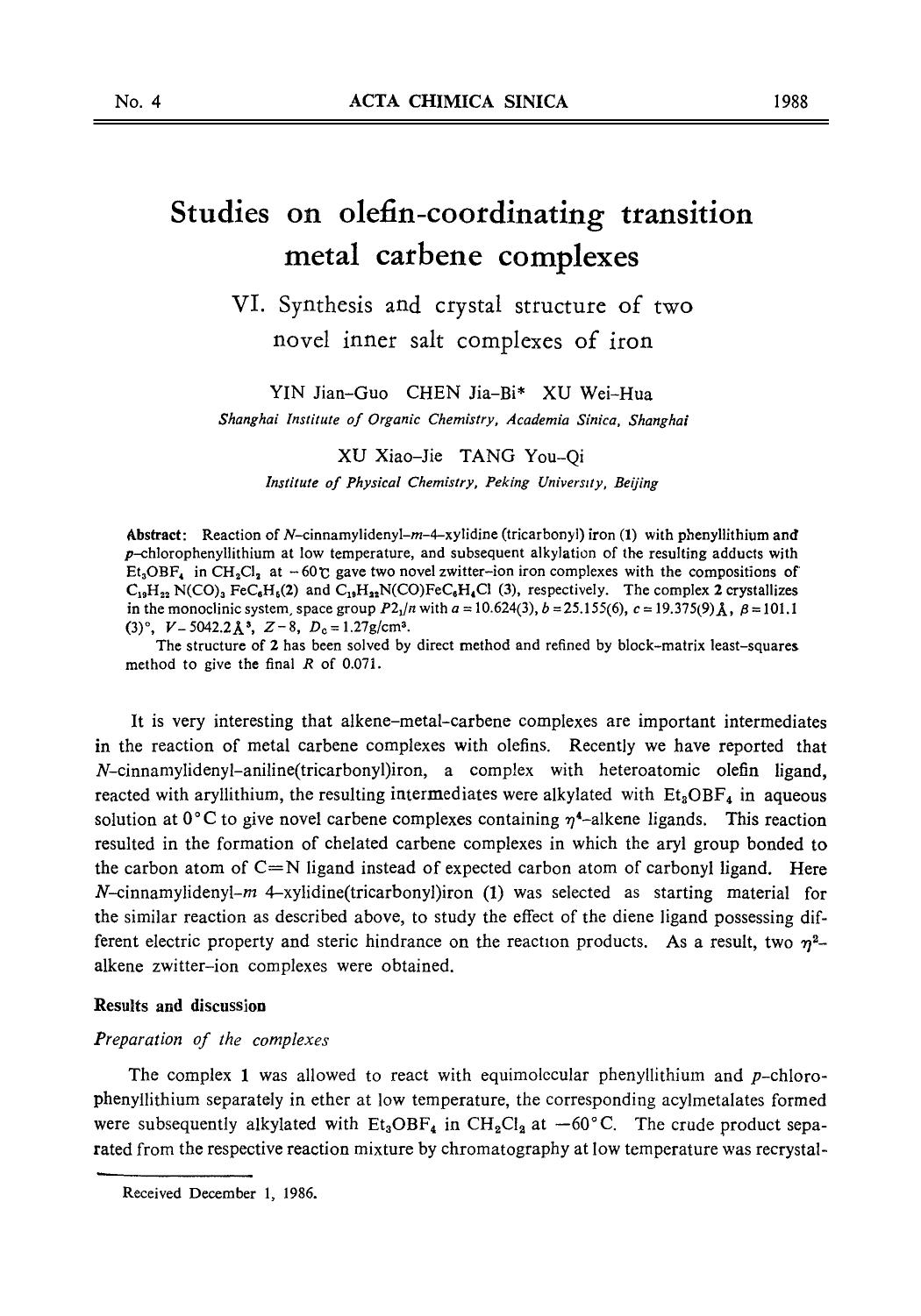 Studies on olefincoordinating transition metal carbene complexes: VI. Synthesis and crystal structure of two novel inner salt complexes of iron by Unknown