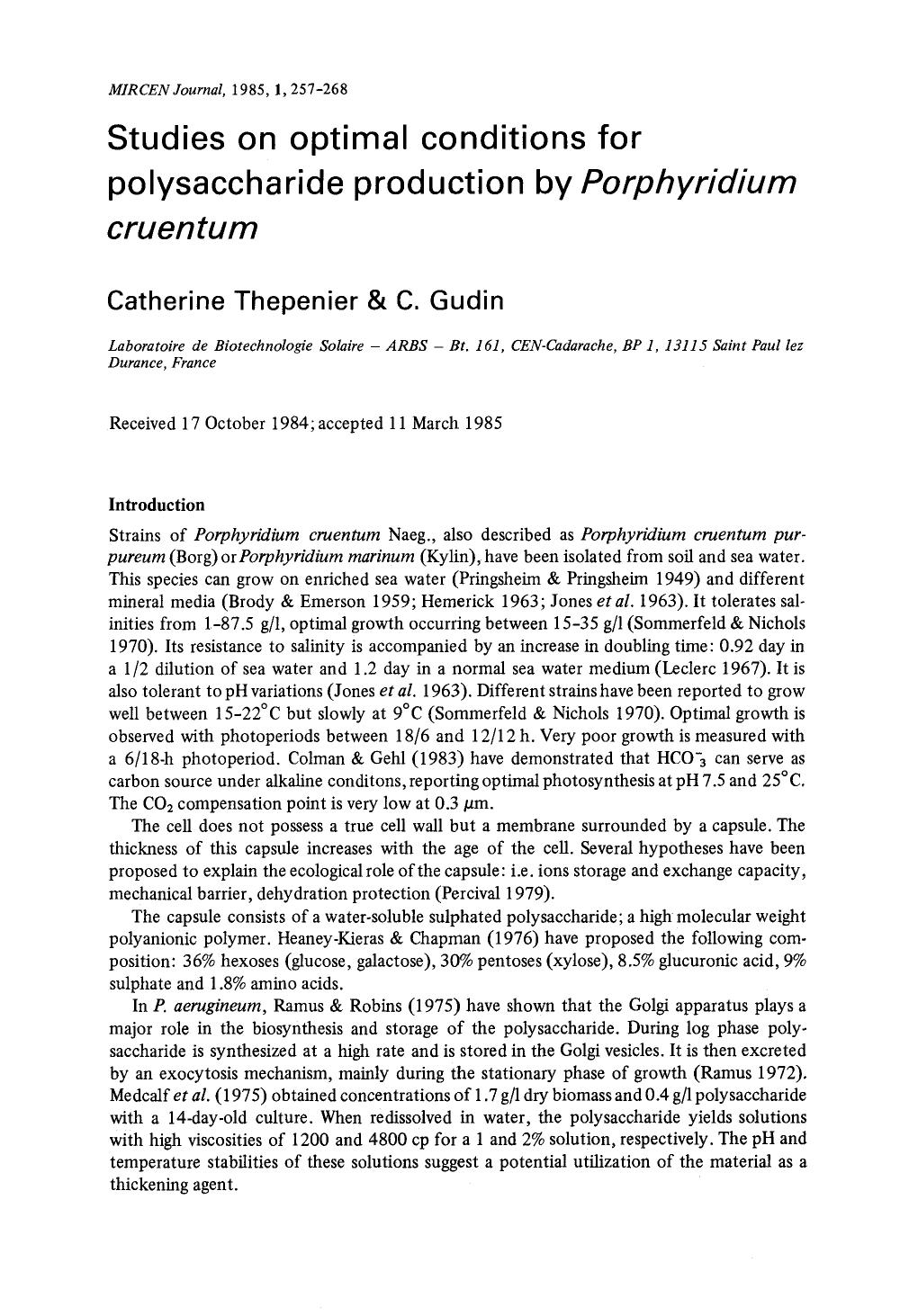 Studies on optimal conditions for polysaccharide production by <Emphasis Type="Italic">Porphyridium cruentum <Emphasis> by Unknown