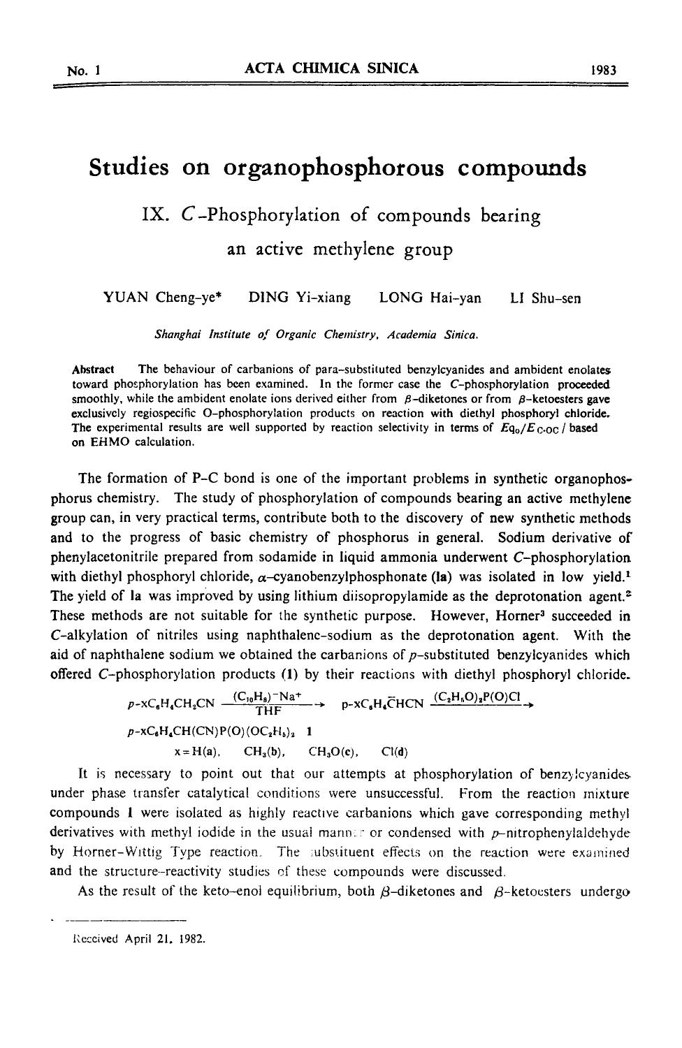 Studies on organophosphorous compounds: IX. CPhosphorylation of compounds bearing an active methylene group by Unknown