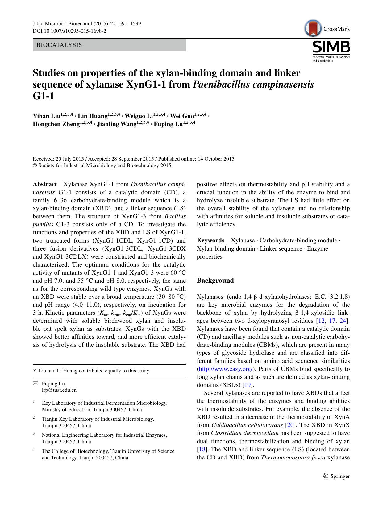 Studies on properties of the xylan-binding domain and linker sequence of xylanase XynG1-1 from Paenibacillus campinasensis G1-1 by Yihan Liu & Lin Huang & Weiguo Li & Wei Guo & Hongchen Zheng & Jianling Wang & Fuping Lu