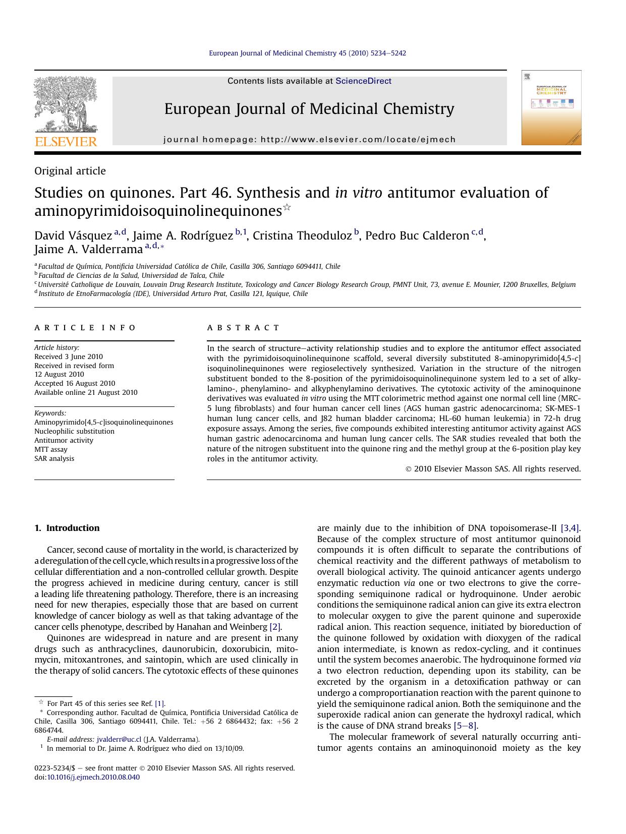 Studies on quinones. Part 46. Synthesis and in vitro antitumor evaluation of aminopyrimidoisoquinolinequinones by David Vásquez & Jaime A. Rodríguez & Cristina Theoduloz & Pedro Buc Calderon & Jaime A. Valderrama