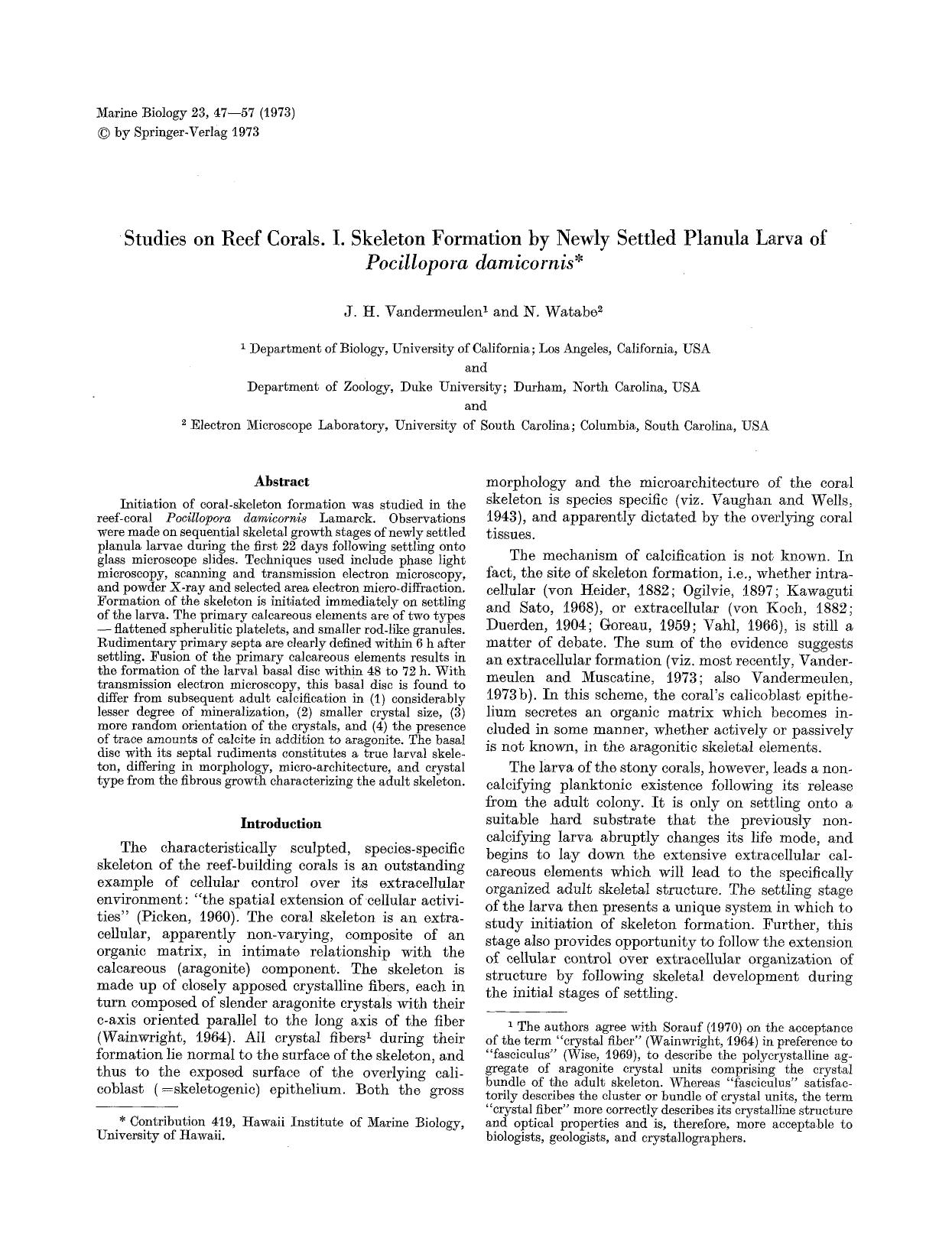 Studies on reef corals. I. Skeleton formation by newly settled planula larva of <Emphasis Type="Italic">Pocillopora damicornis<Emphasis> by Unknown