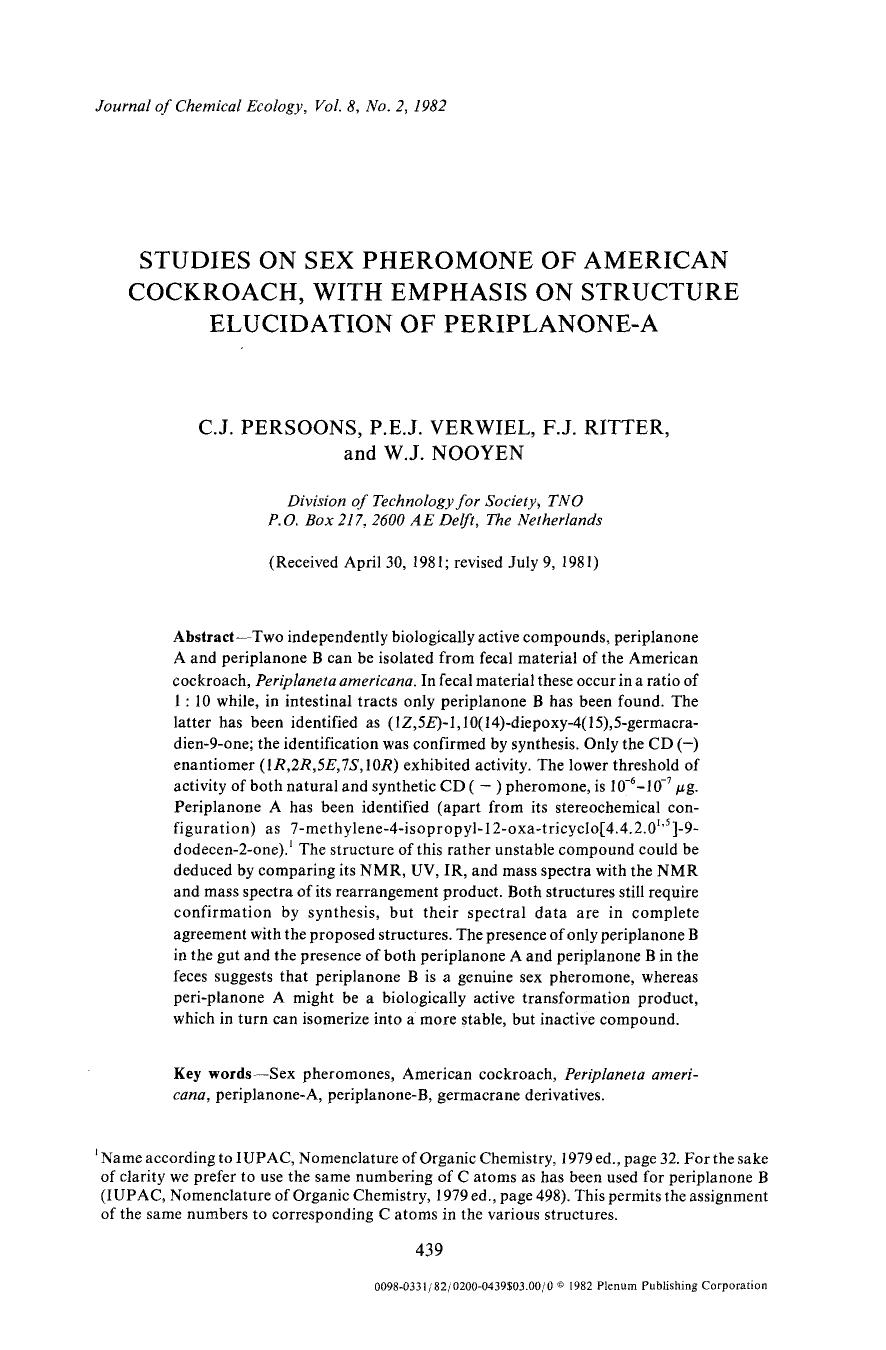 Studies on sex pheromone of American cockroach, with emphasis on structure elucidation of periplanone-A by Unknown