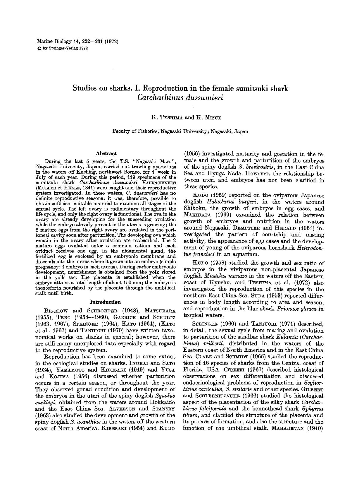 Studies on sharks. I. Reproduction in the female sumitsuki shark <Emphasis Type="Italic">Carcharhinus dussumieri<Emphasis> by Unknown