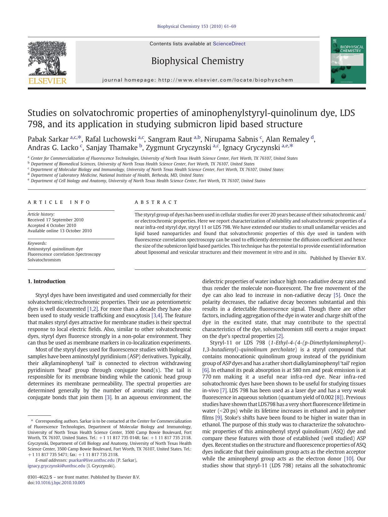 Studies on solvatochromic properties of aminophenylstyryl-quinolinum dye, LDS 798, and its application in studying submicron lipid based structure by unknow