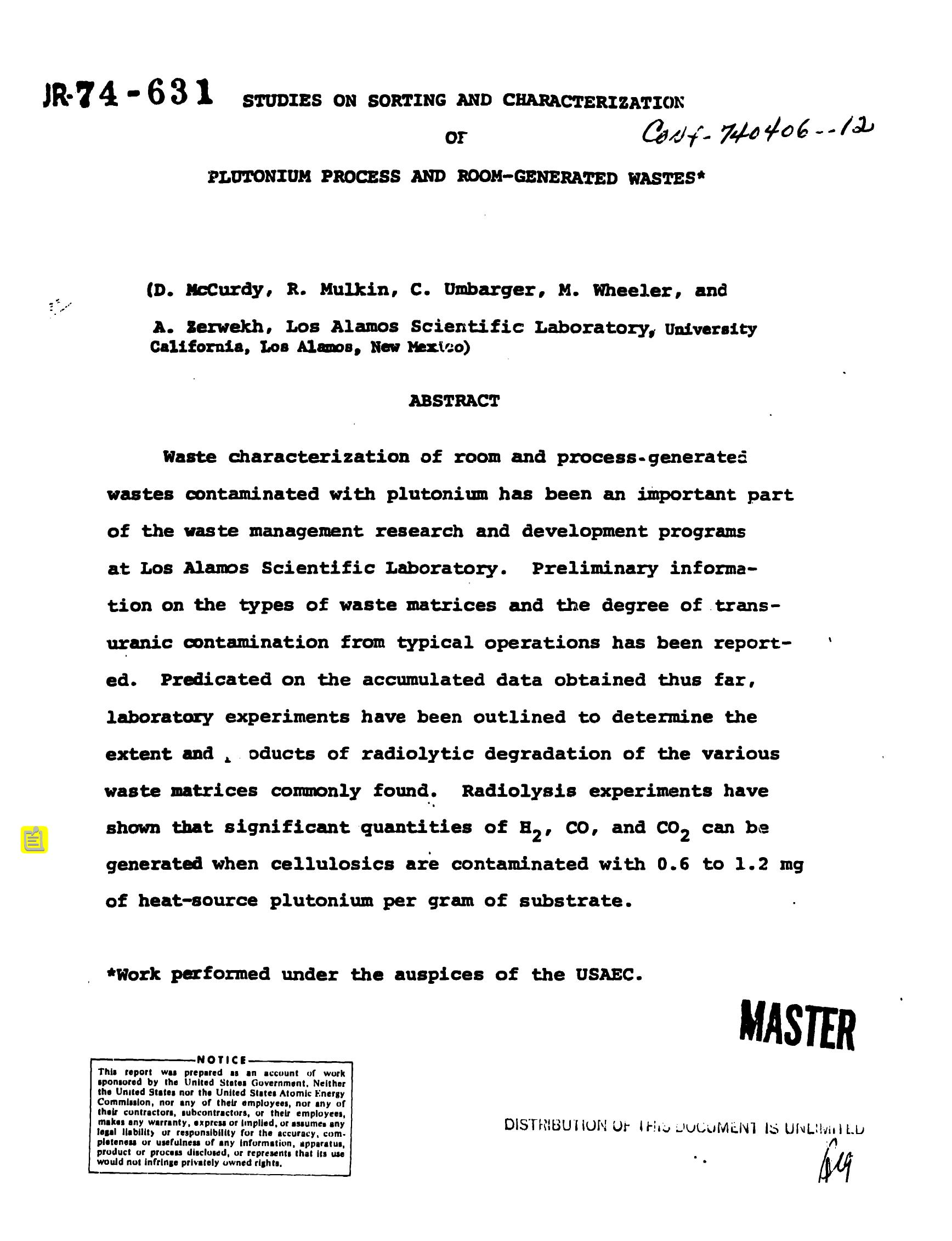 Studies on sorting and characterization of plutonium process and room-generated wastes None by LANL Research Library LWW Project