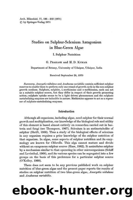 Studies on sulphur-selenium antagonism in blue-green algae by Unknown