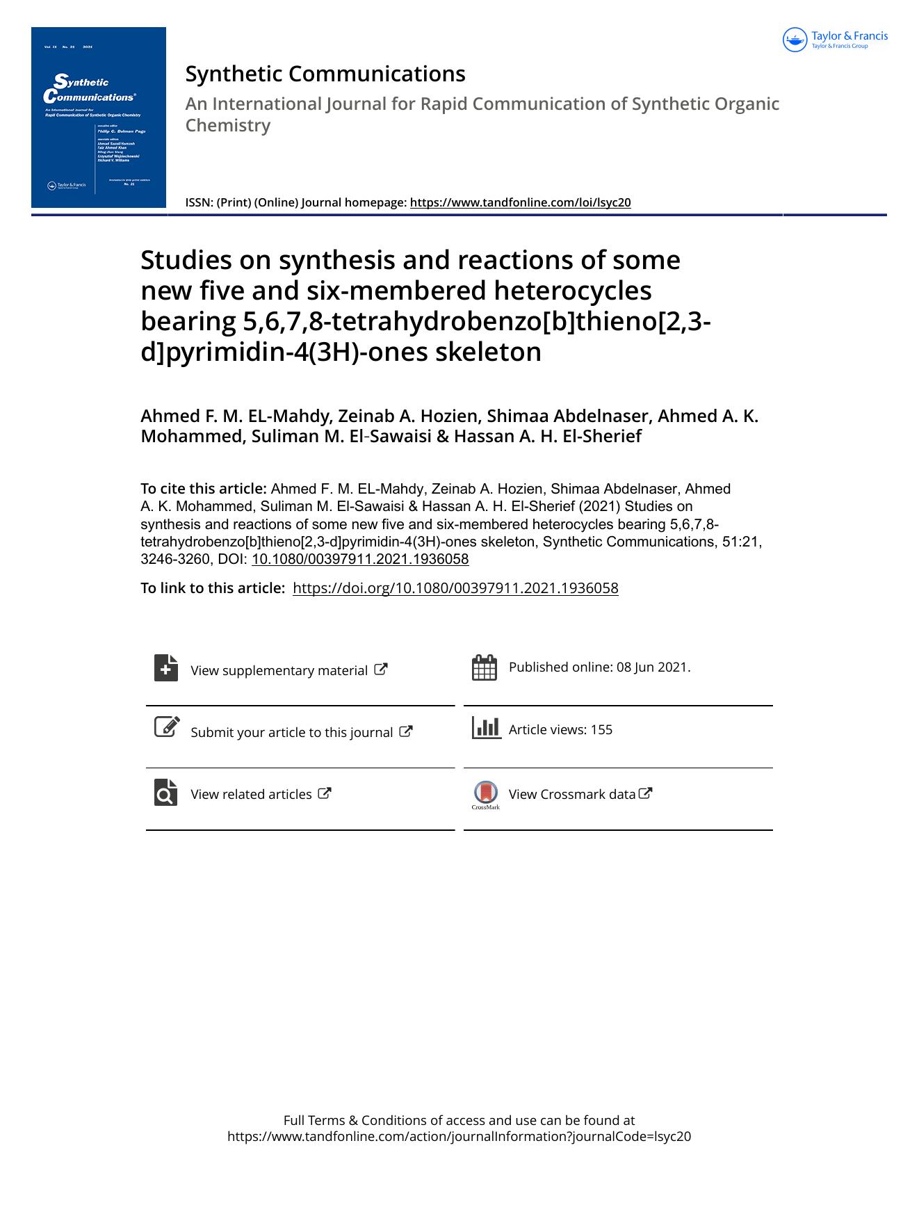 Studies on synthesis and reactions of some new five and six-membered heterocycles bearing 5,6,7,8-tetrahydrobenzo[b]thieno[2,3-d]pyrimidin-4(3H)-ones skeleton by unknow