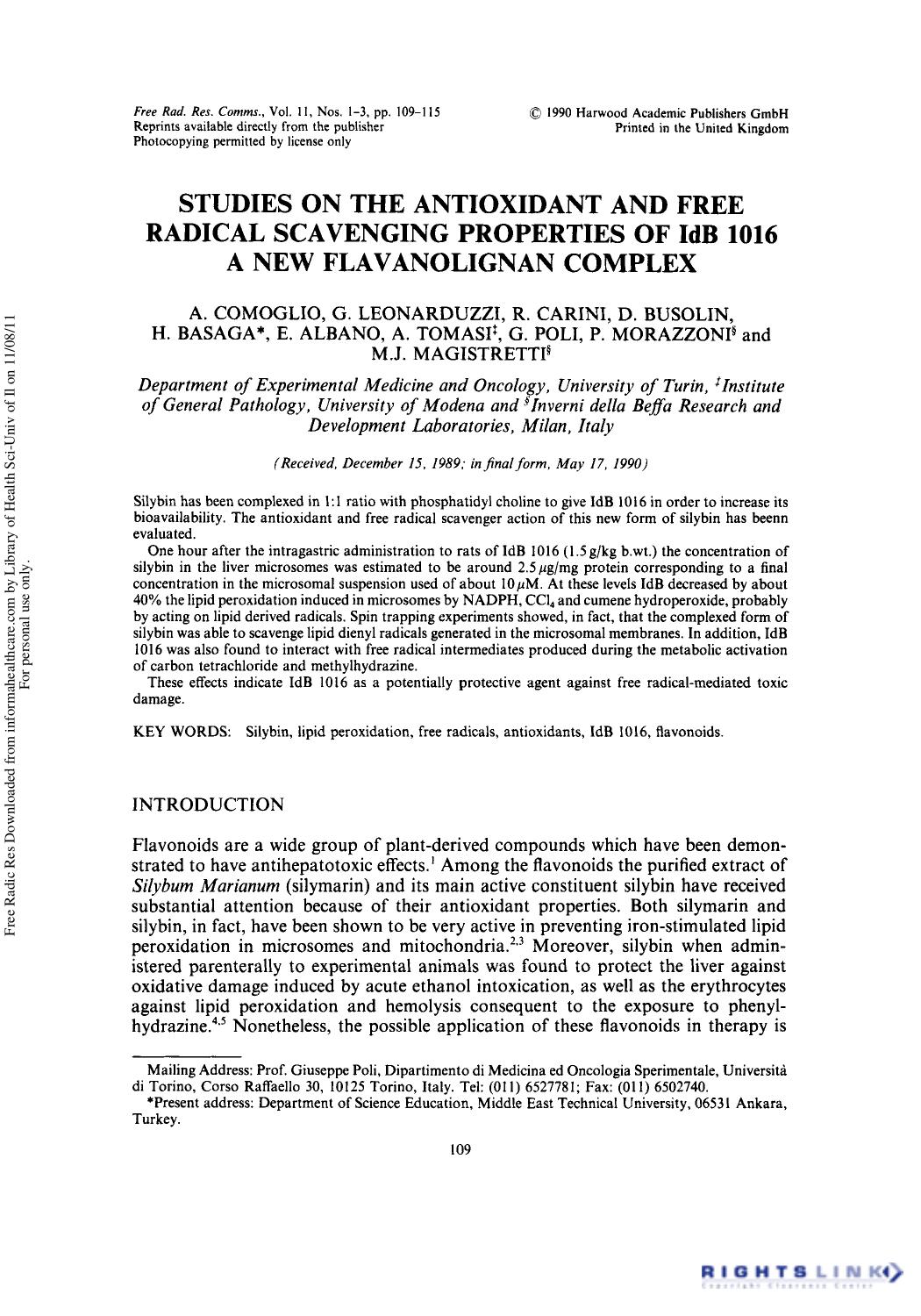 Studies on the Antioxidant and Free Radical Scavenging Properties of Idb 1016 A New Flavanolignan Complex by unknow