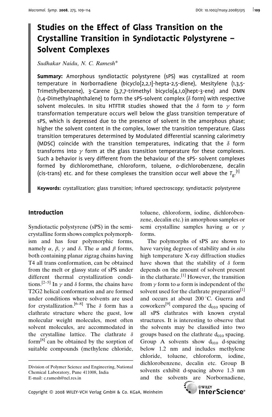Studies on the Effect of Glass Transition on the Crystalline Transition in Syndiotactic Polystyrene - Solvent Complexes by Unknown