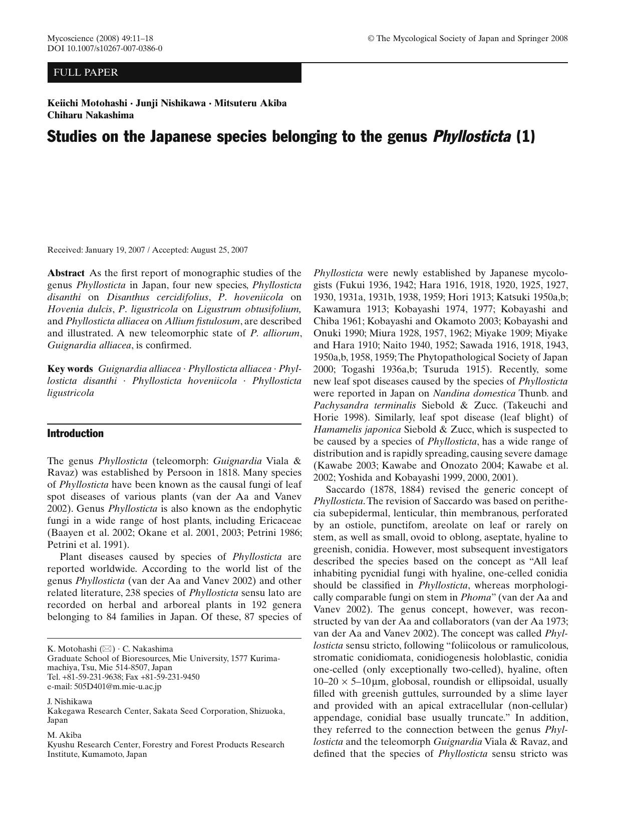 Studies on the Japanese species belonging to the genus <Emphasis Type="Italic">Phyllosticta<Emphasis> (1) by Unknown