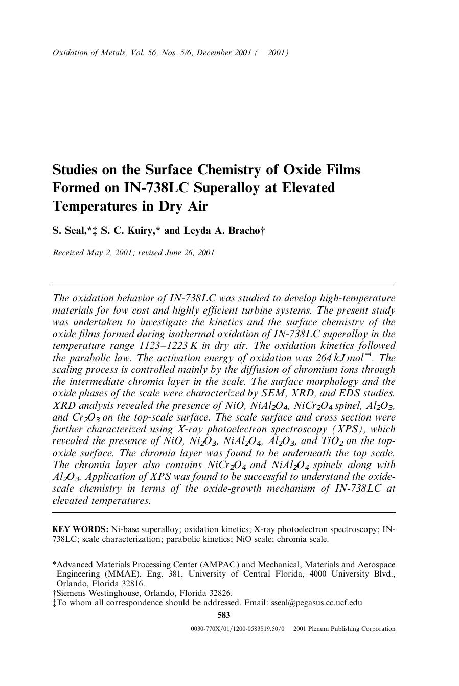 Studies on the Surface Chemistry of Oxide Films Formed on IN-738LC Superalloy at Elevated Temperatures in Dry Air by Unknown