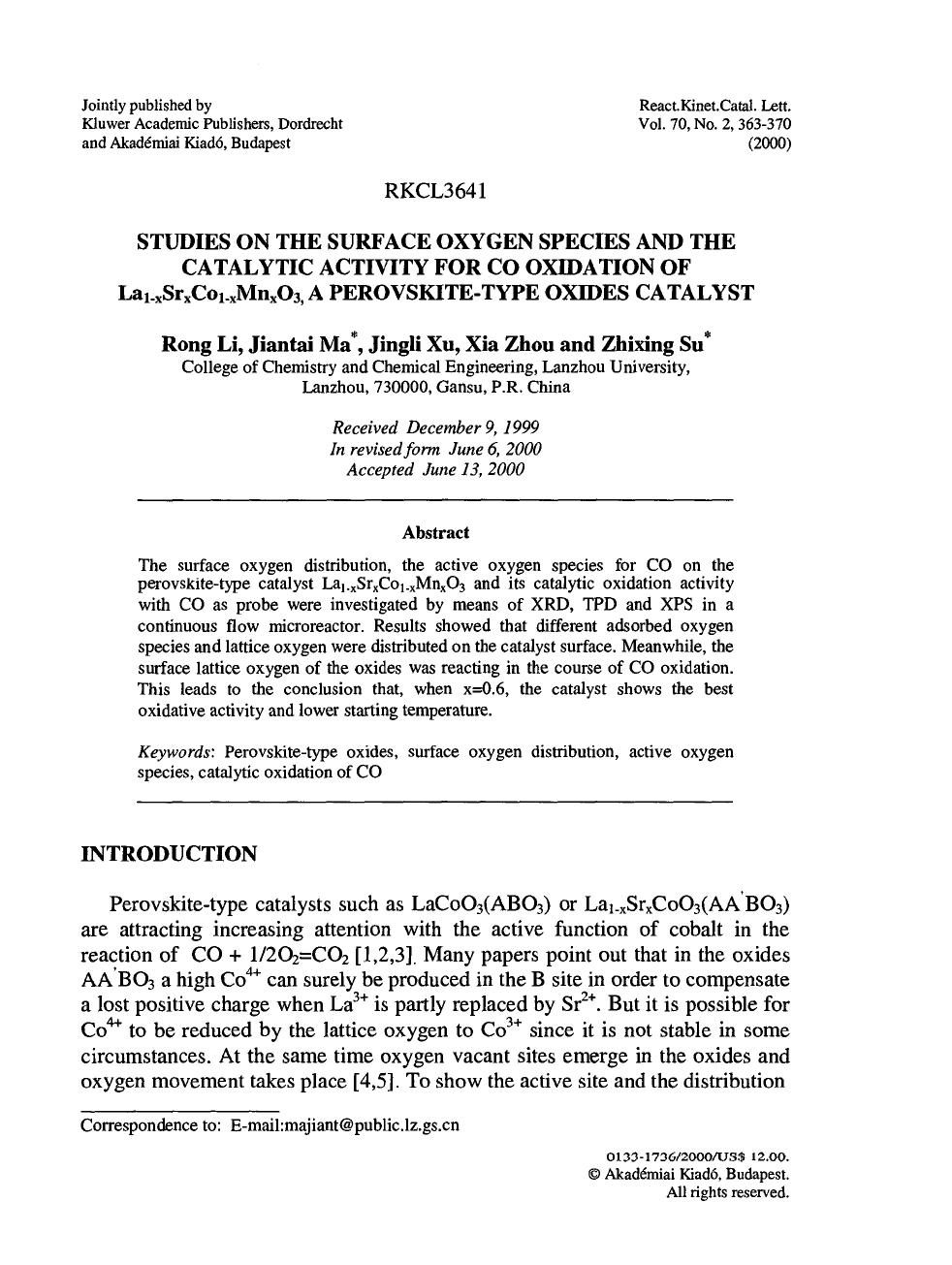 Studies on the Surface Oxygen Species and the Catalytic Activity for CO Oxidation of La1-xSrxCo1-xMnxO3, a Perovskite-Type Oxides Catalyst by Unknown
