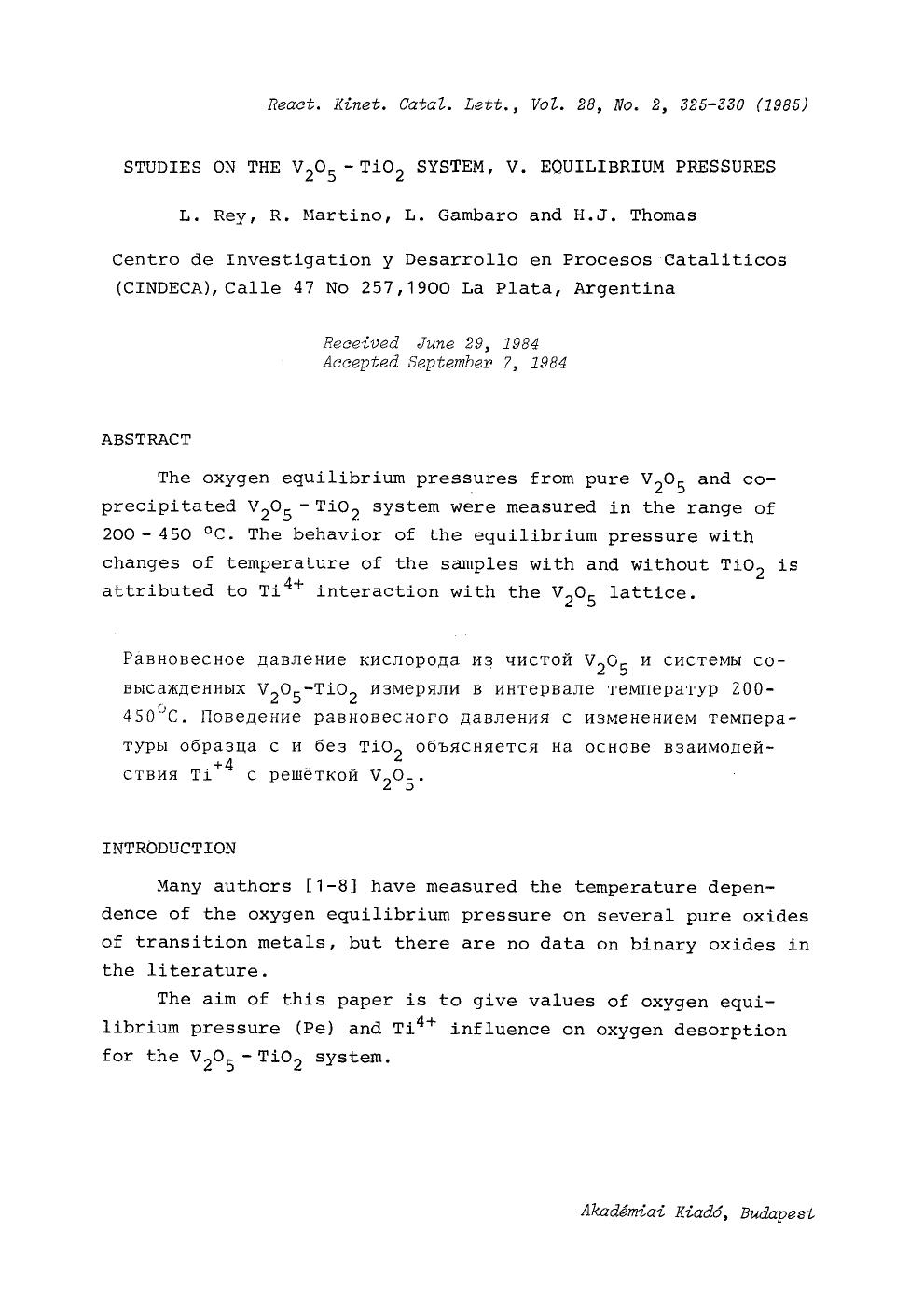 Studies on the V <Subscript>2 <Subscript>O <Subscript>5 <Subscript>&#x2212;TiO <Subscript>2 <Subscript> system, V. Equilibrium pressures by Unknown