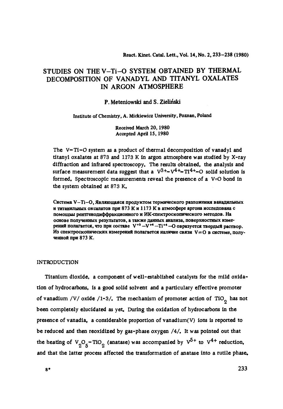 Studies on the V&#x2212;Ti&#x2212;O system obtained by thermal decomposition of vanadyl and titanyl oxalates in argon atmosphere by Unknown