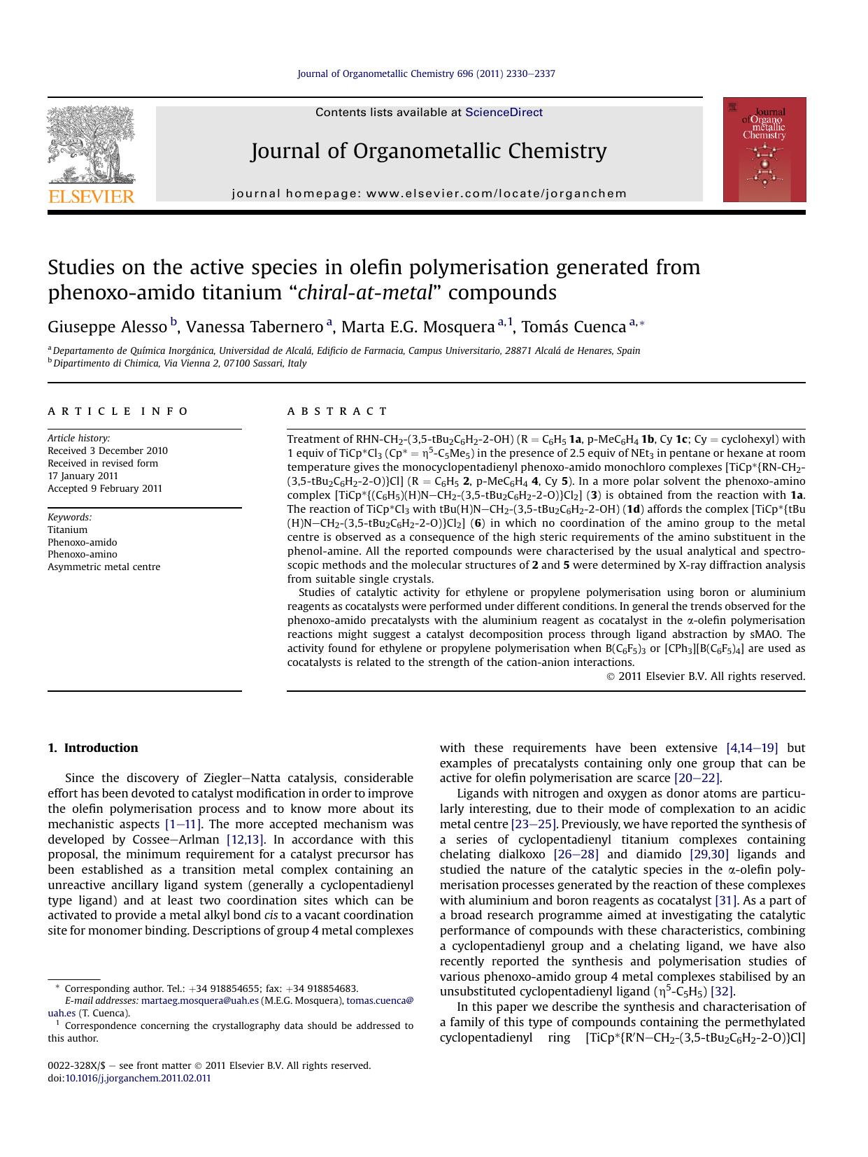 Studies on the active species in olefin polymerisation generated from phenoxo-amido titanium “chiral-at-metal” compounds by Giuseppe Alesso & Vanessa Tabernero & Marta E.G. Mosquera & Tomás Cuenca