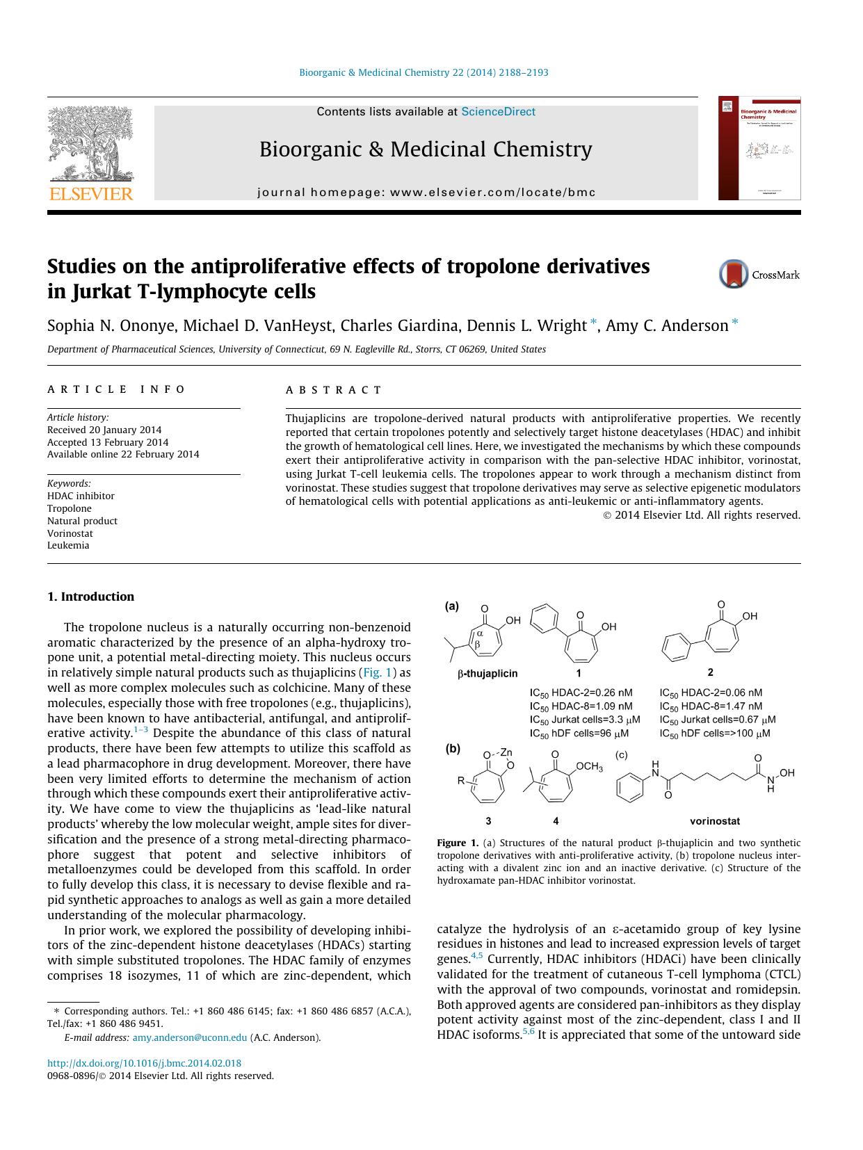 Studies on the antiproliferative effects of tropolone derivatives in Jurkat T-lymphocyte cells by Sophia N. Ononye & Michael D. VanHeyst & Charles Giardina & Dennis L. Wright & Amy C. Anderson