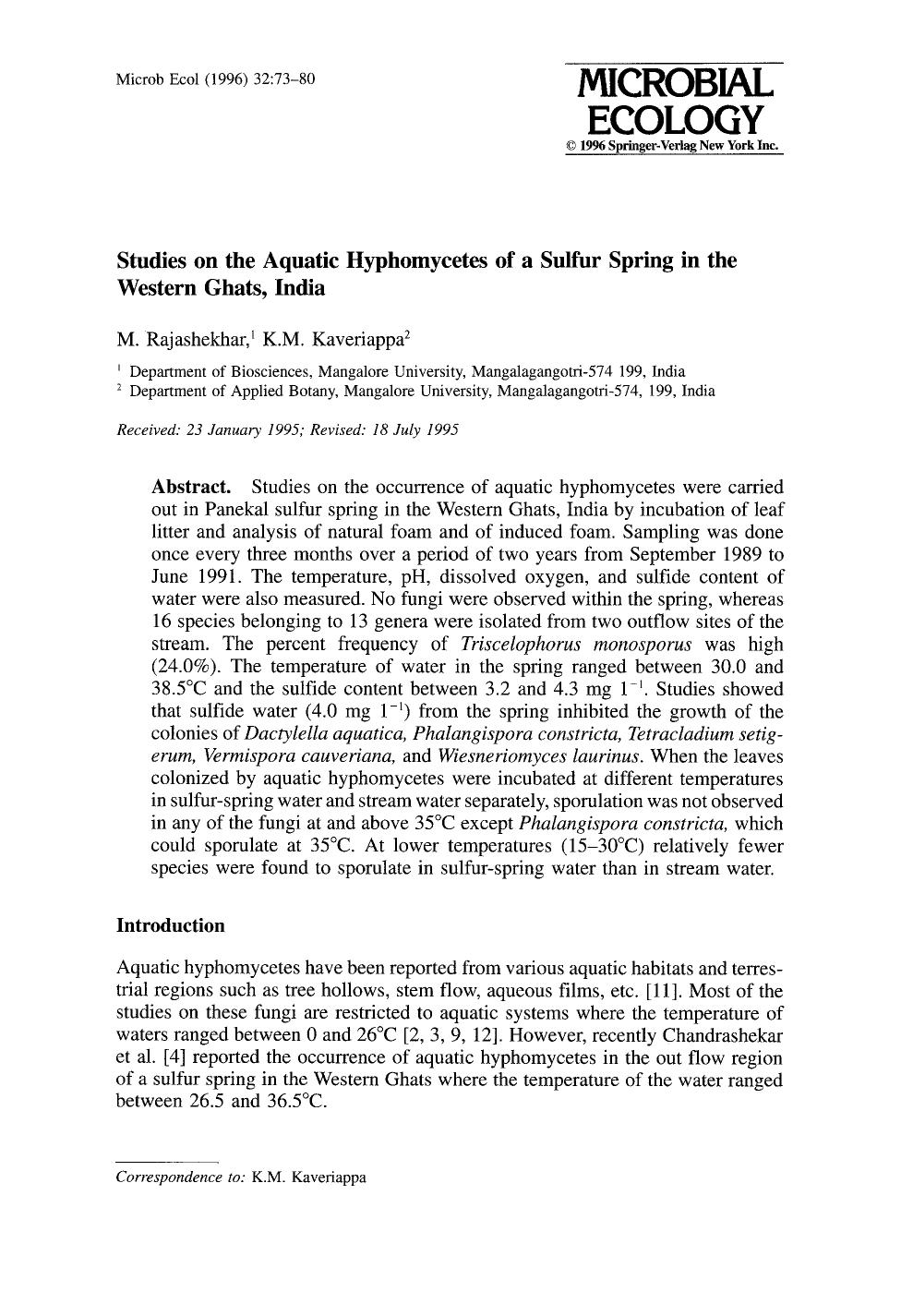 Studies on the aquatic hyphomycetes of a sulfur spring in the Western Ghats, India by Unknown