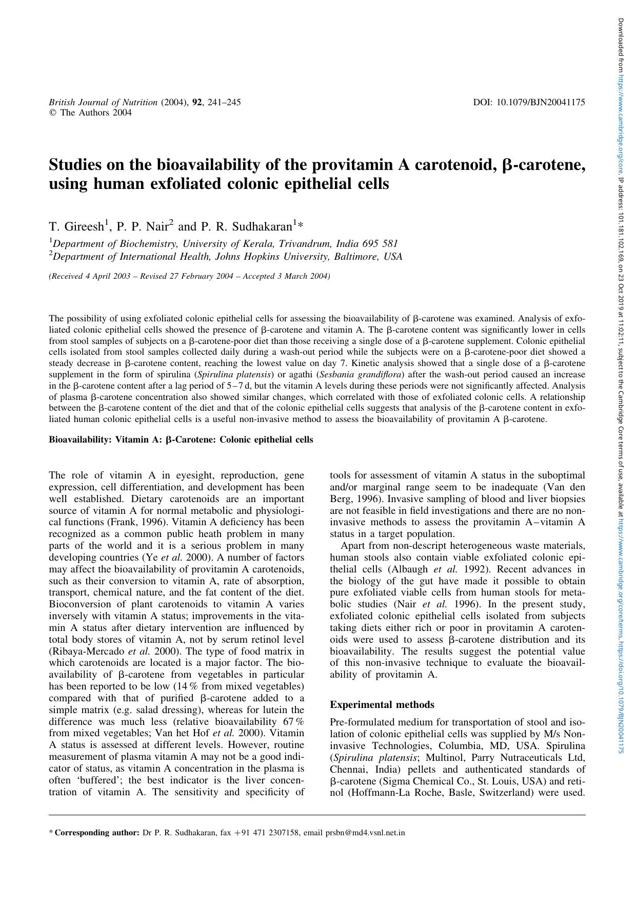 Studies on the bioavailability of the provitamin A carotenoid, Î²-carotene, using human exfoliated colonic epithelial cells by T. Gireesh P. P. Nair P. R. Sudhakaran