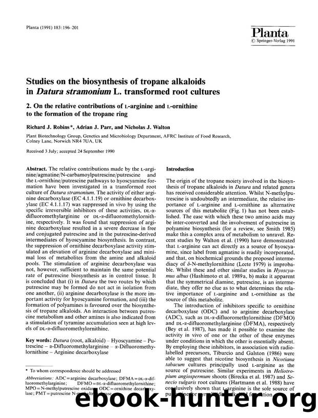 Studies on the biosynthesis of tropane alkaloids in <Emphasis Type="Italic">Datura stramonium<Emphasis> L. transformed root cultures by Unknown
