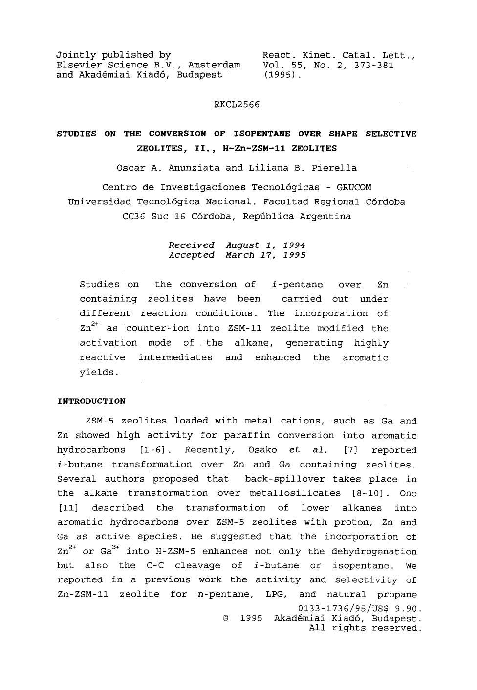 Studies on the conversion of isopentane over shape selective zeolites II., H-Zn-ZSM-11 zeolites by Unknown