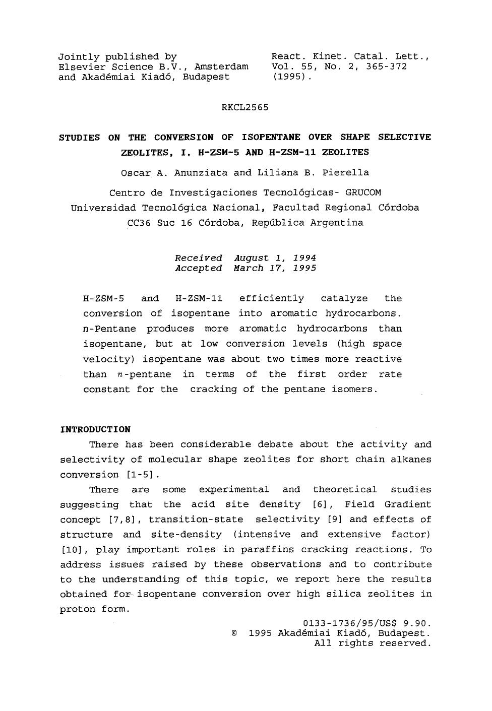 Studies on the conversion of isopentane over shape selective zeolites, I. H-ZSM-5 and H-ZSM-11 zeolites by Unknown