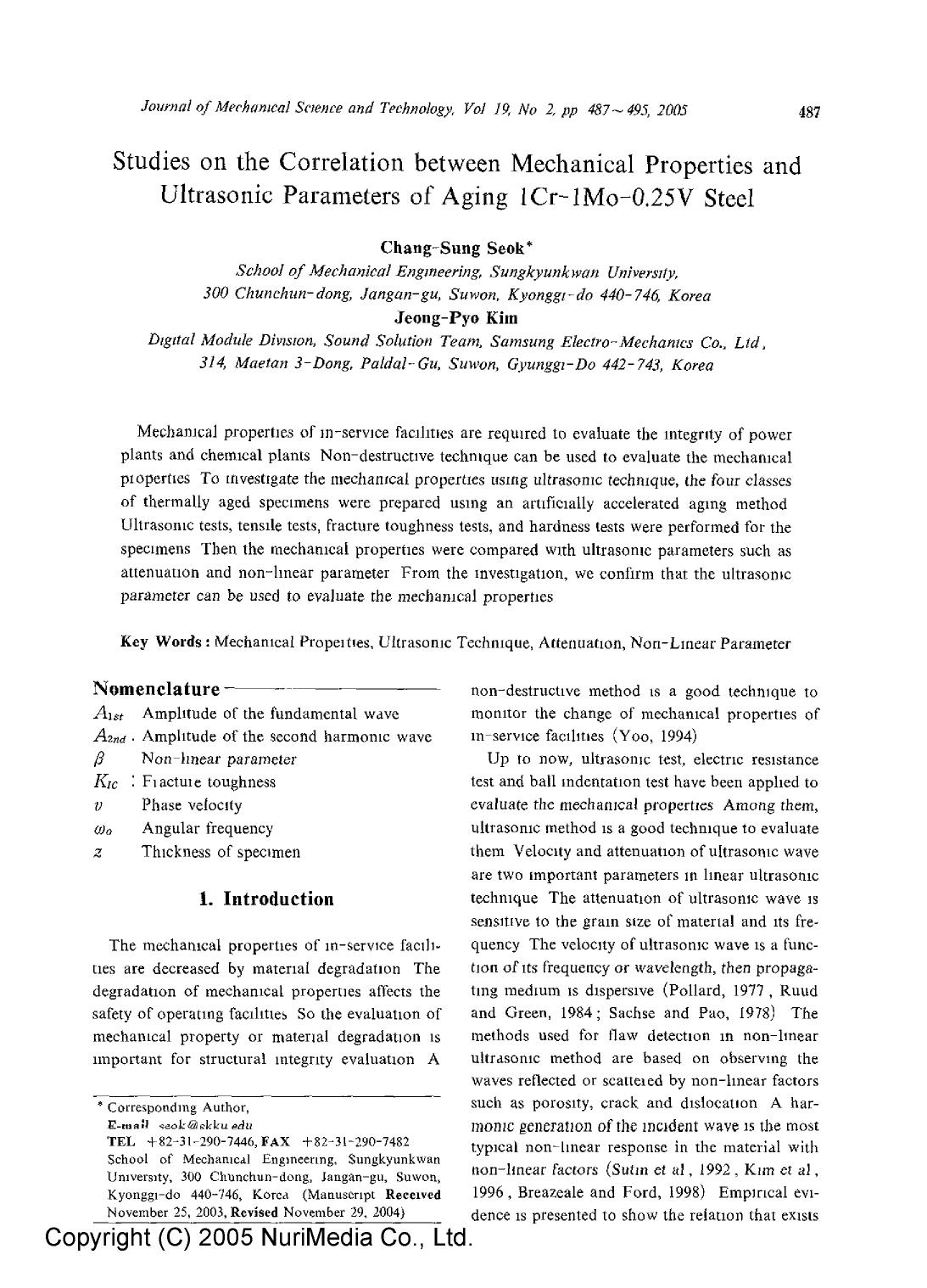 Studies on the correlation between mechanical properties and ultrasonic parameters of aging lCr-lMo-0.25V steel by Unknown