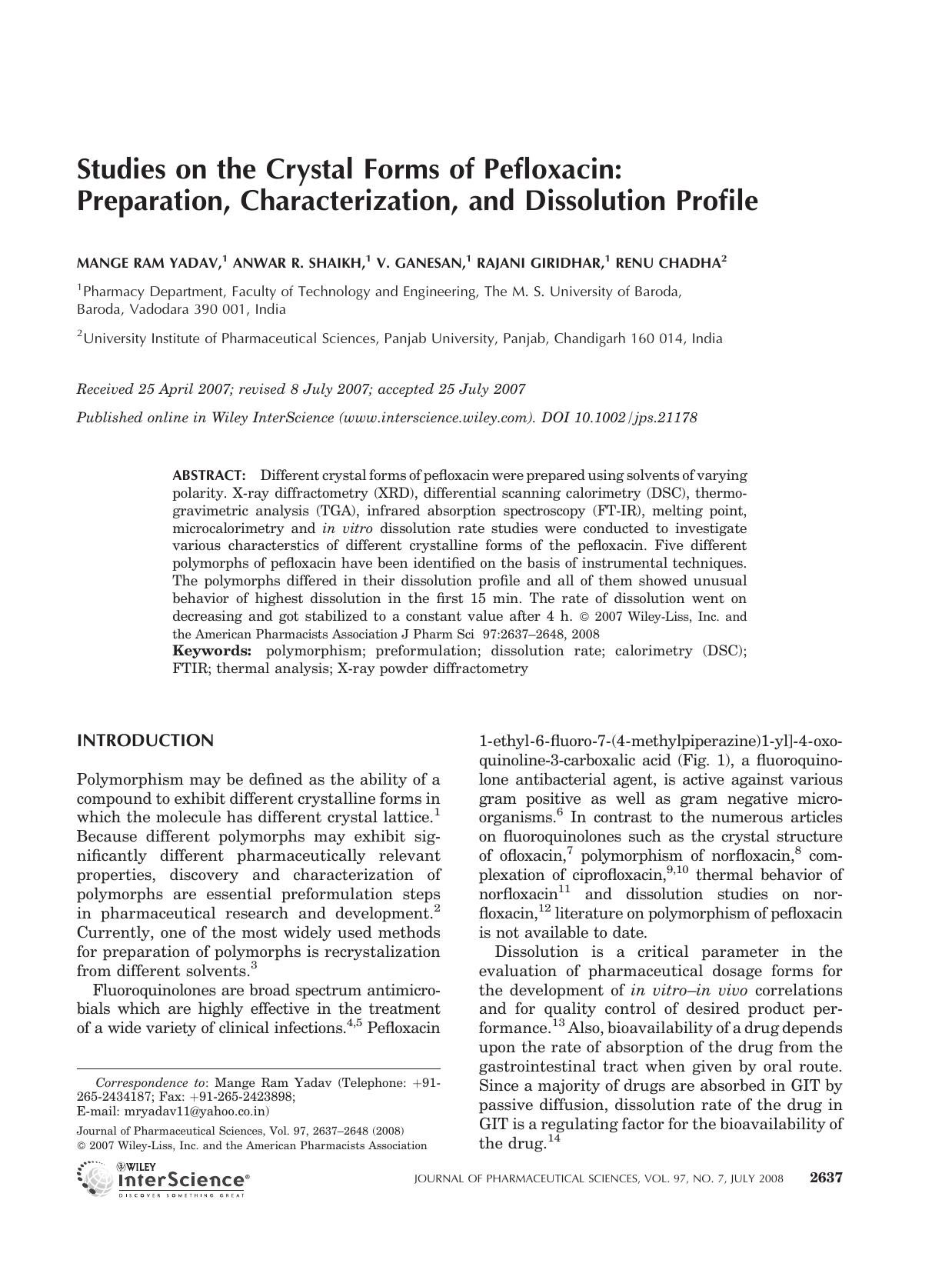 Studies on the crystal forms of pefloxacin: Preparation, characterization, and dissolution profile by Unknown