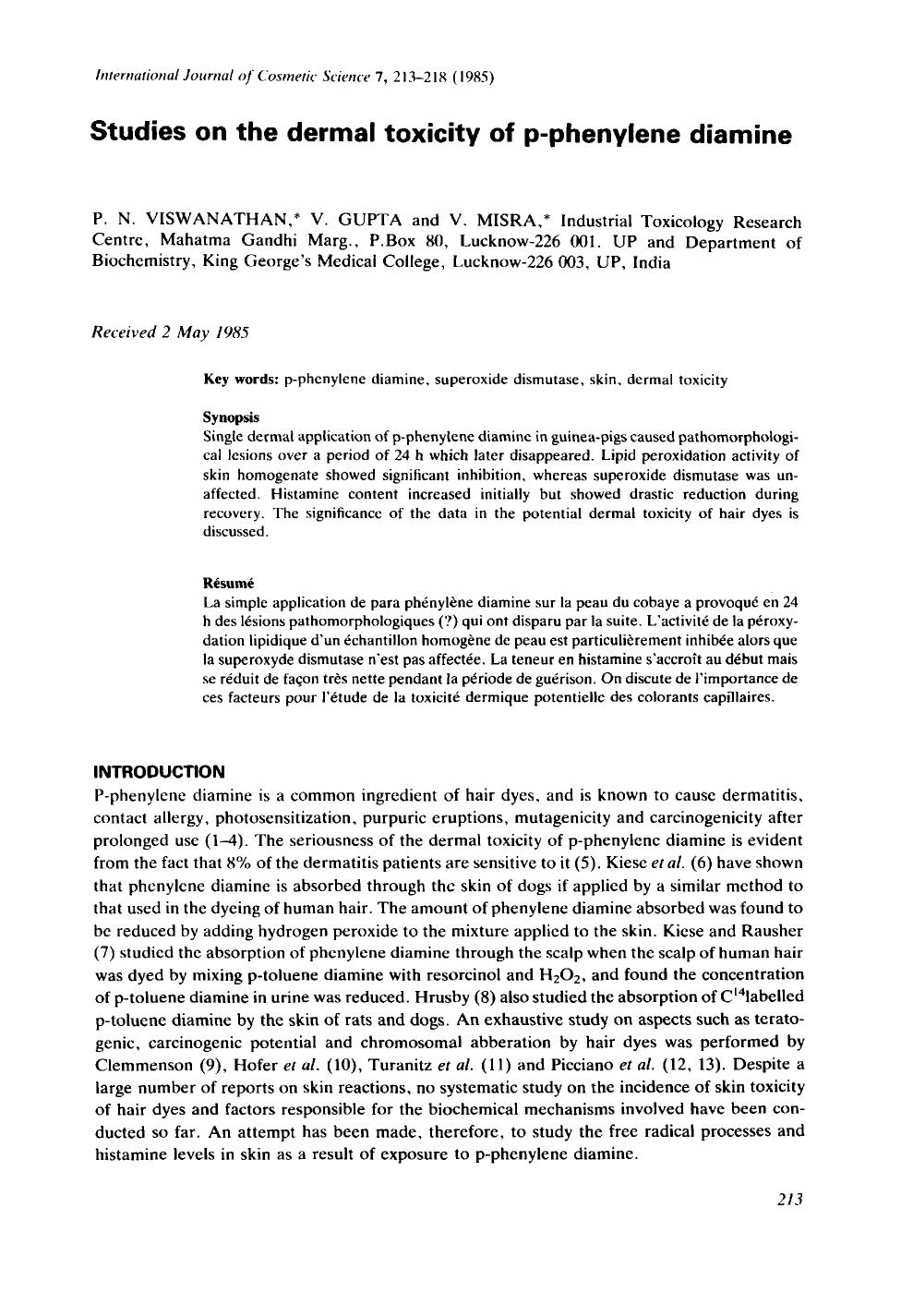 Studies on the dermal toxicity of p-phenylene diamine by Unknown